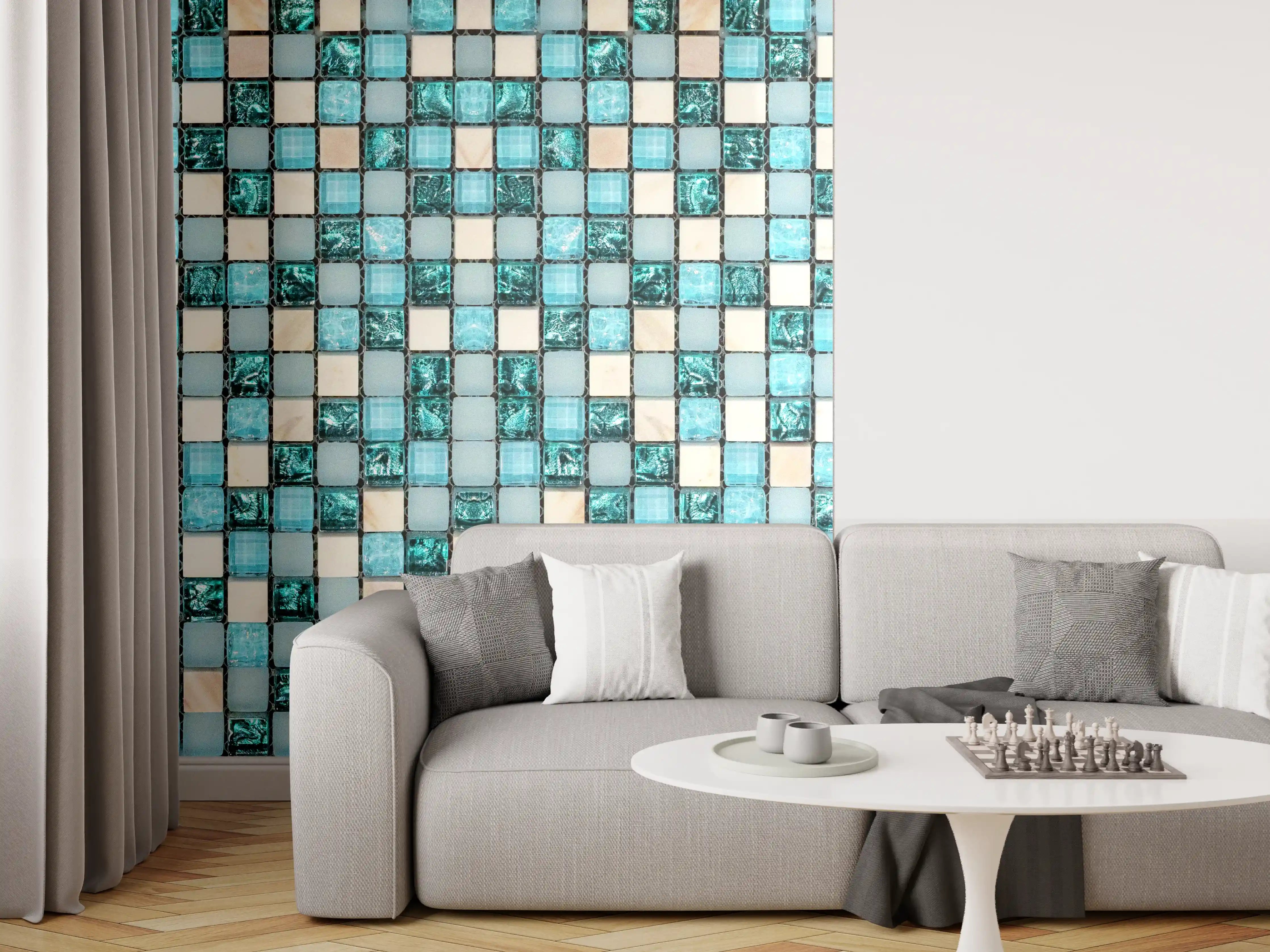 Wandverkleidung Wohnzimmer - Türkis-Weißes Aquamarin Mosaik