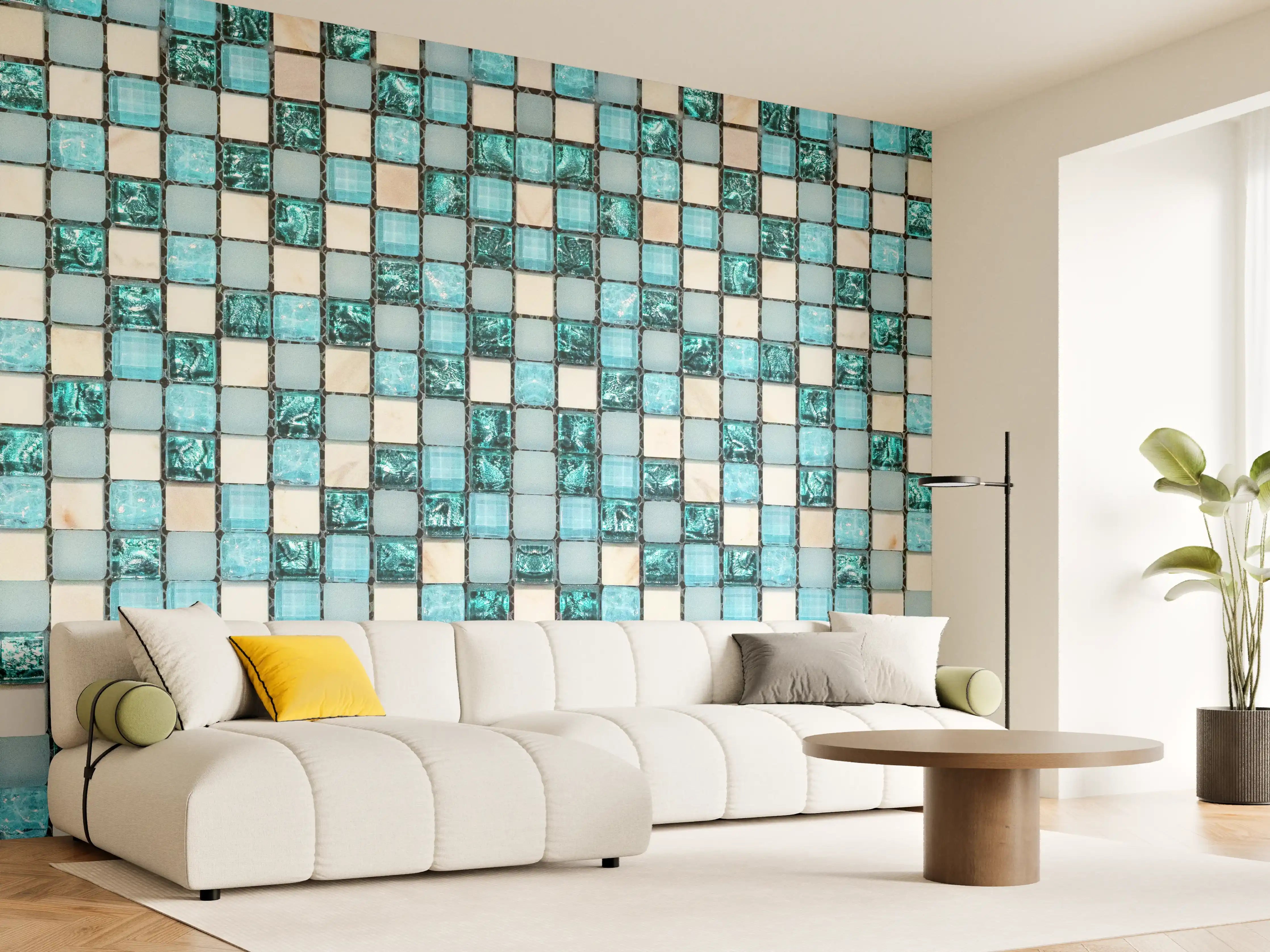 Wandverkleidung Wohnzimmer - Türkis-Weißes Aquamarin Mosaik