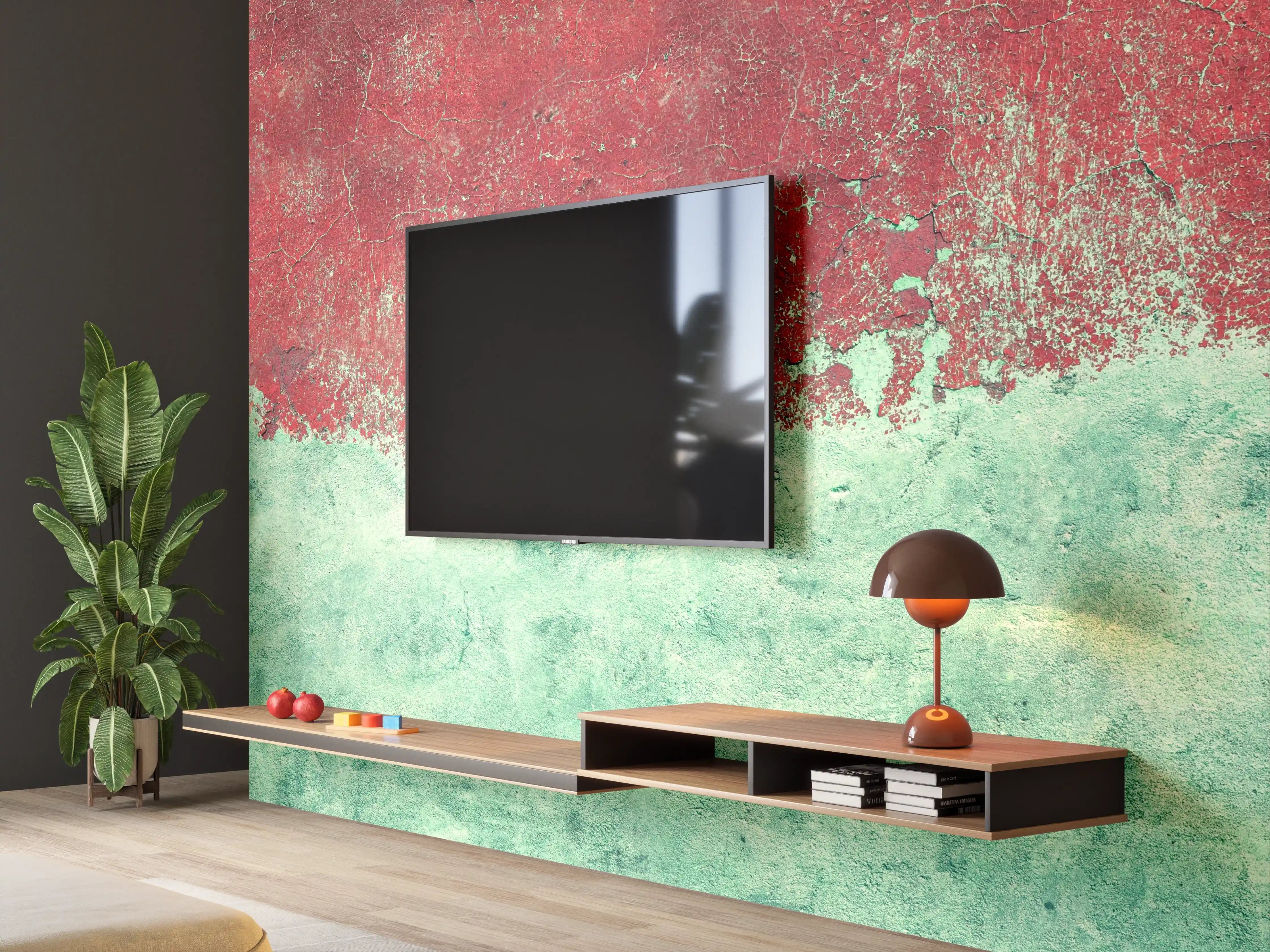 Wandverkleidung Wohnzimmer - Türkis-rote Wand im Grunge-Stil