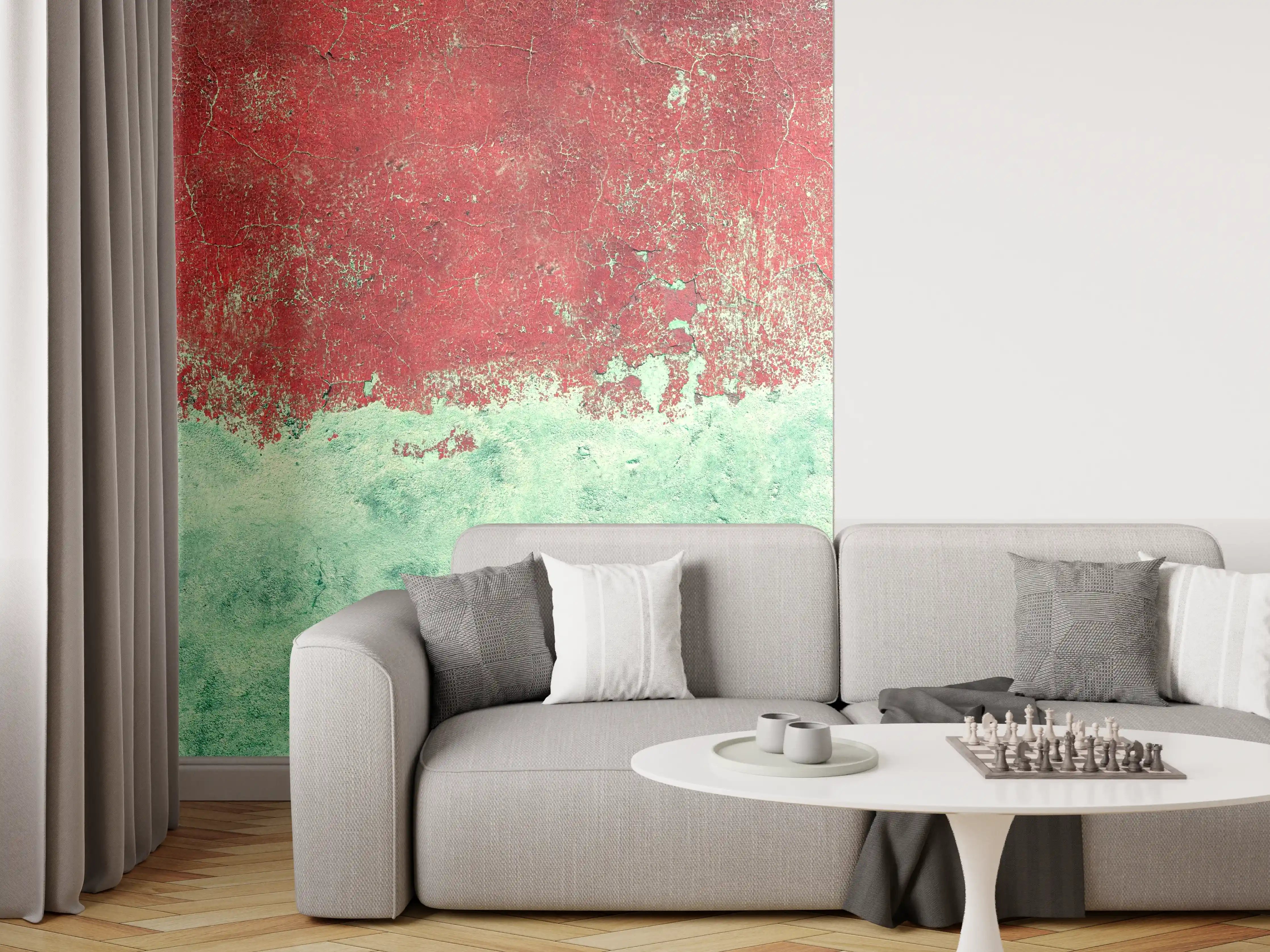 Wandverkleidung Wohnzimmer - Türkis-rote Wand im Grunge-Stil