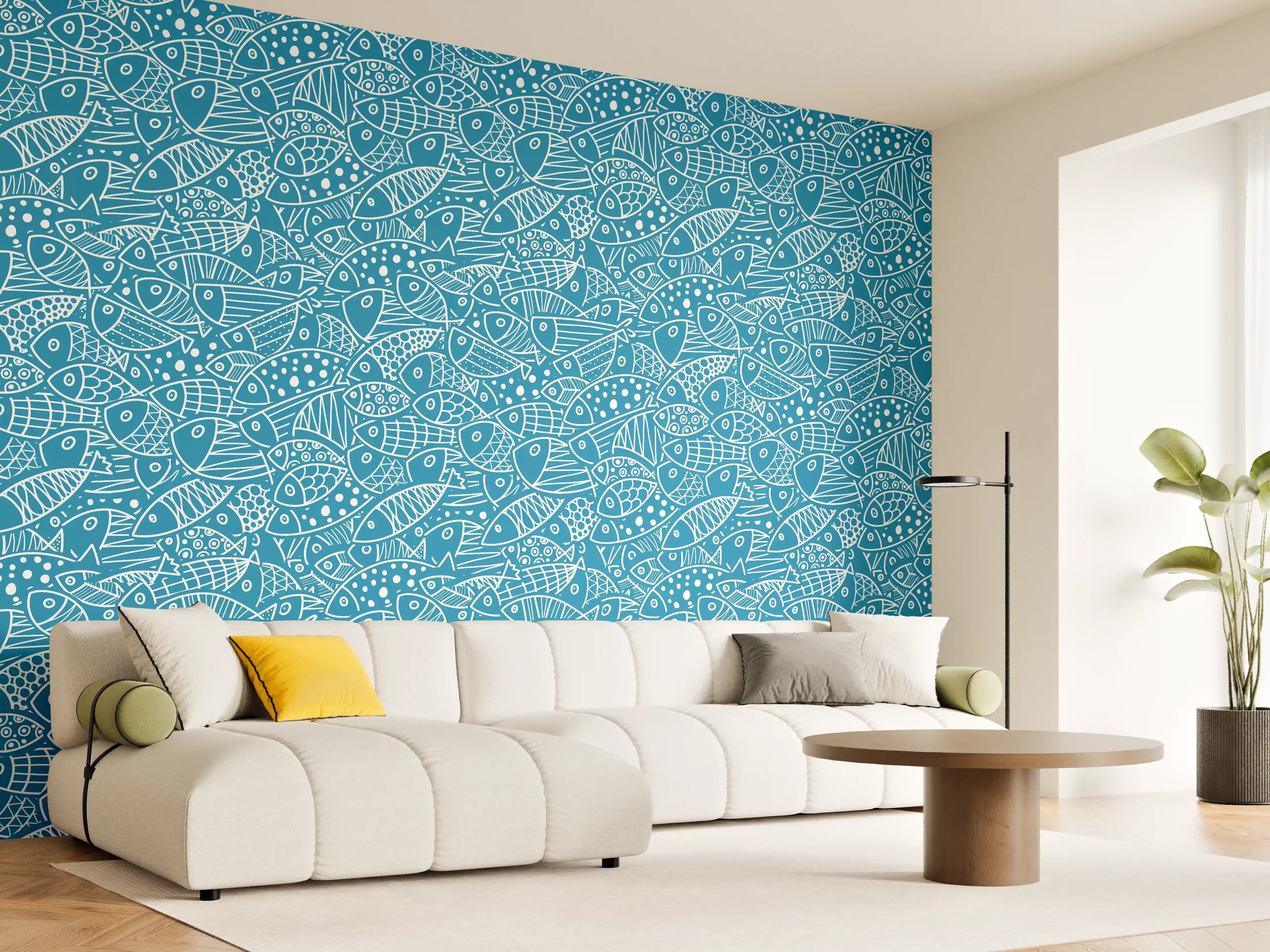 Wandverkleidung Wohnzimmer - Türkis‑Weißes Fischmuster