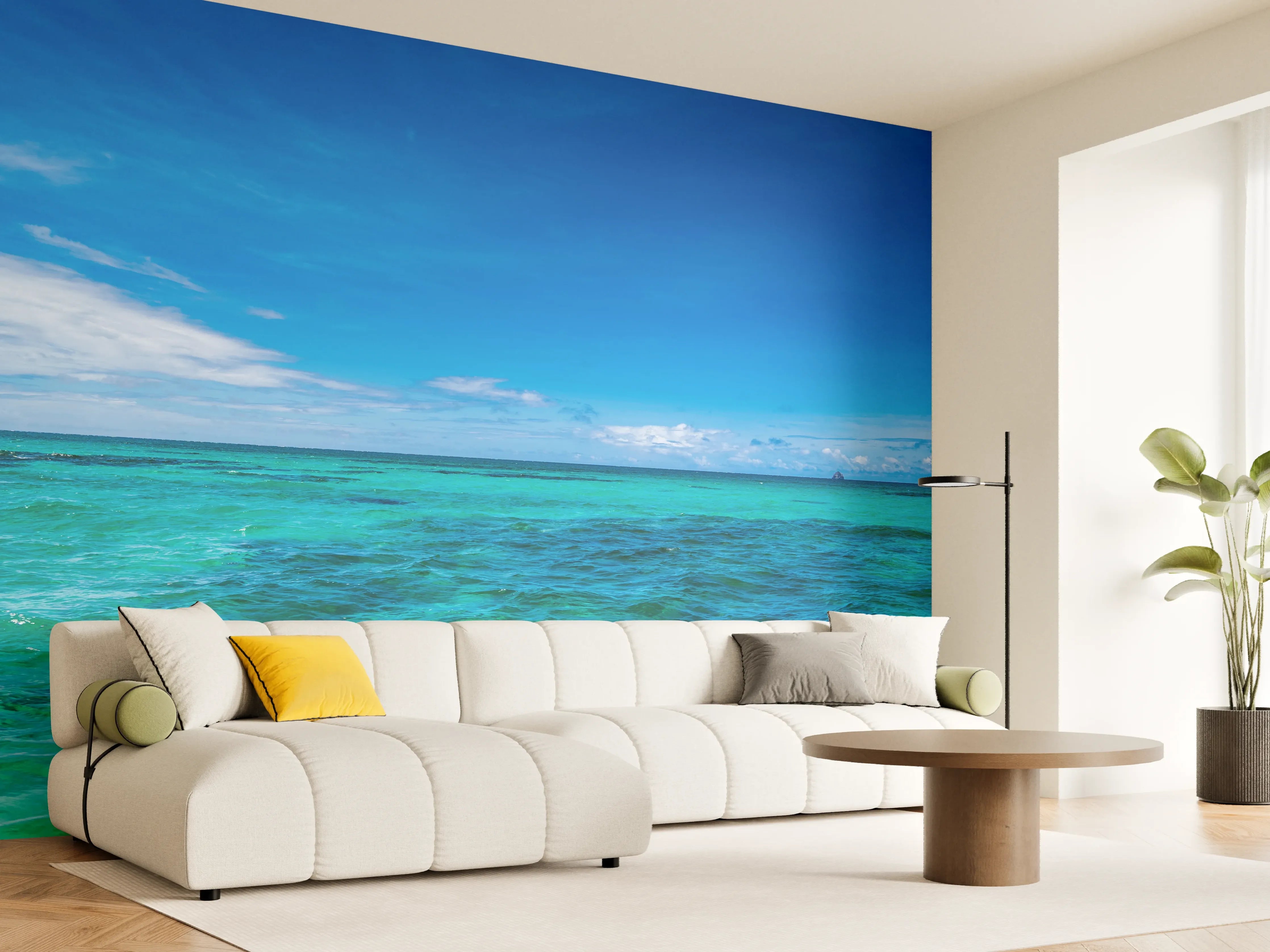Wandverkleidung Wohnzimmer - Türkisblaues Wasser unter klarem Himmel