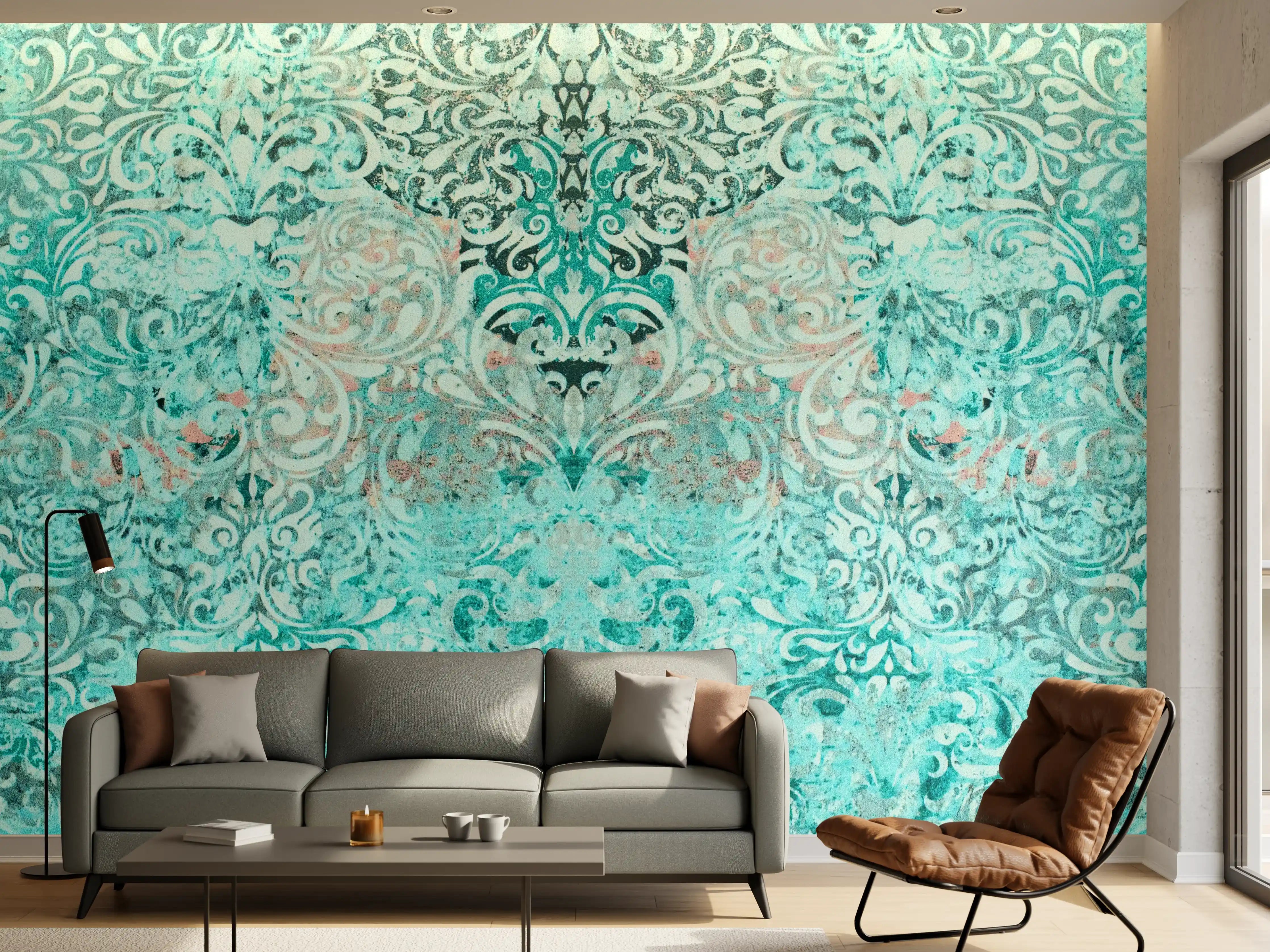 Wandverkleidung Wohnzimmer - Türkise Vintage Tapete