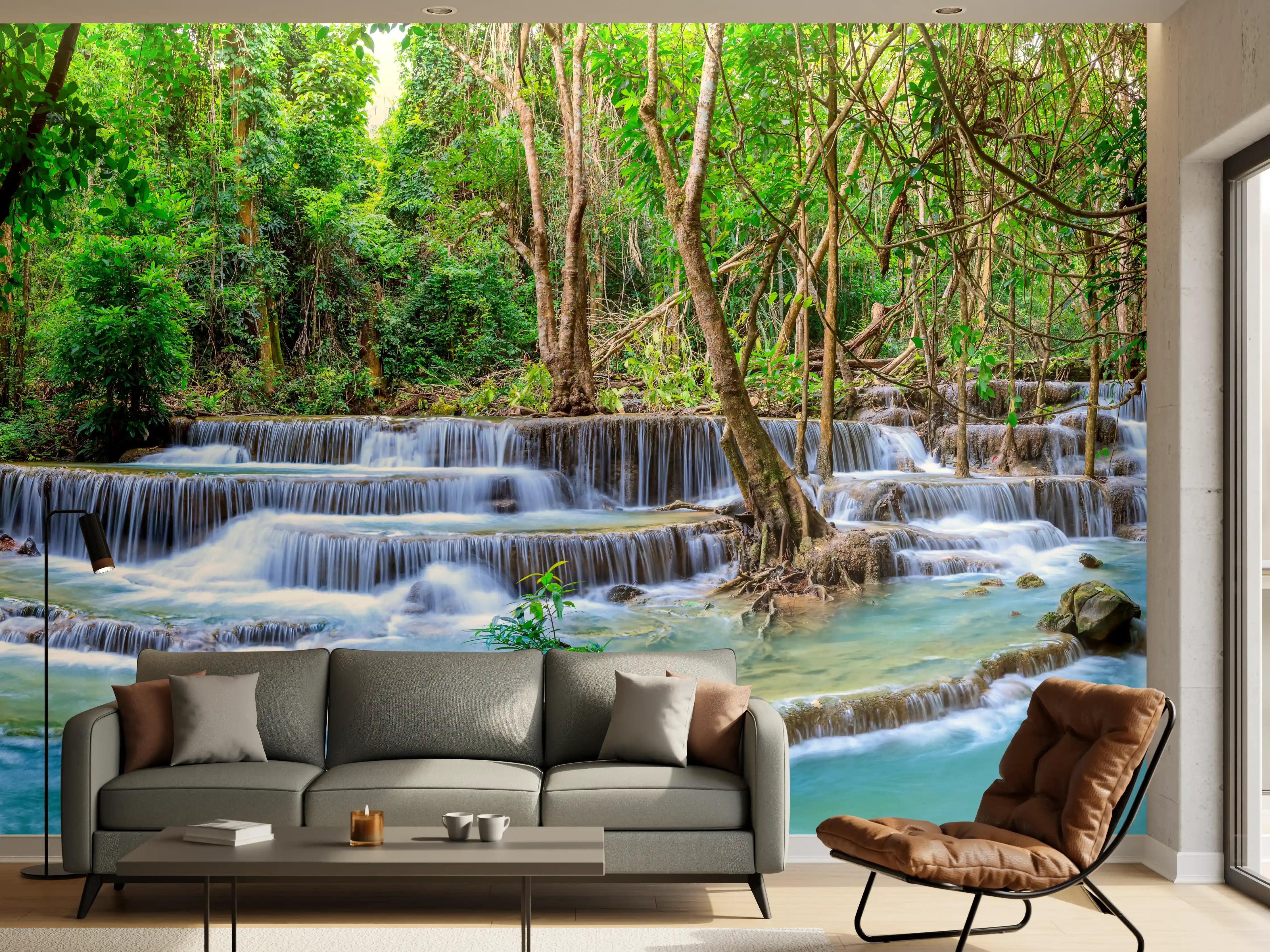 Wandverkleidung Wohnzimmer - Türkisgrüner Dschungel-Wasserfall