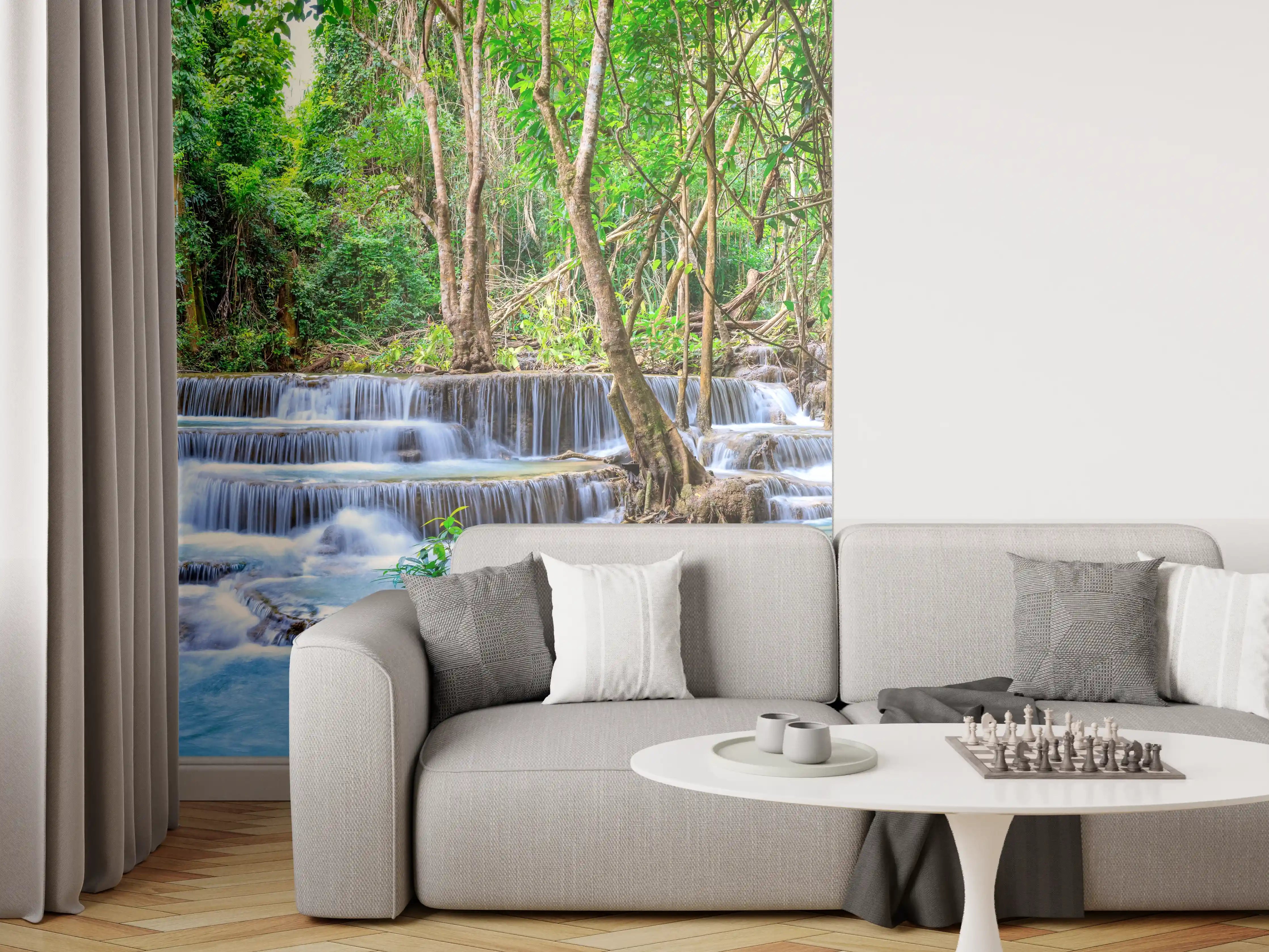 Wandverkleidung Wohnzimmer - Türkisgrüner Dschungel-Wasserfall