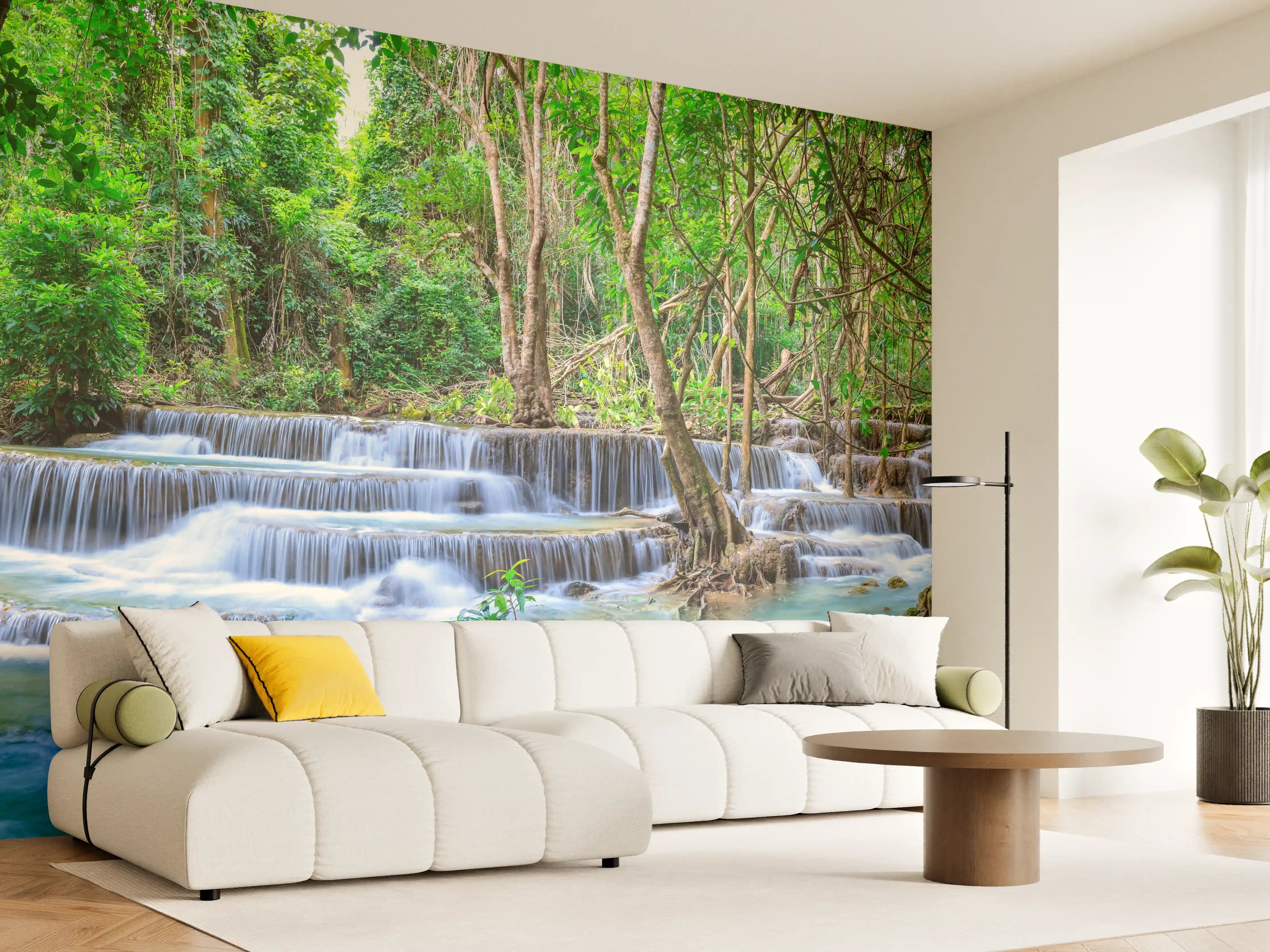 Wandverkleidung Wohnzimmer - Türkisgrüner Dschungel-Wasserfall