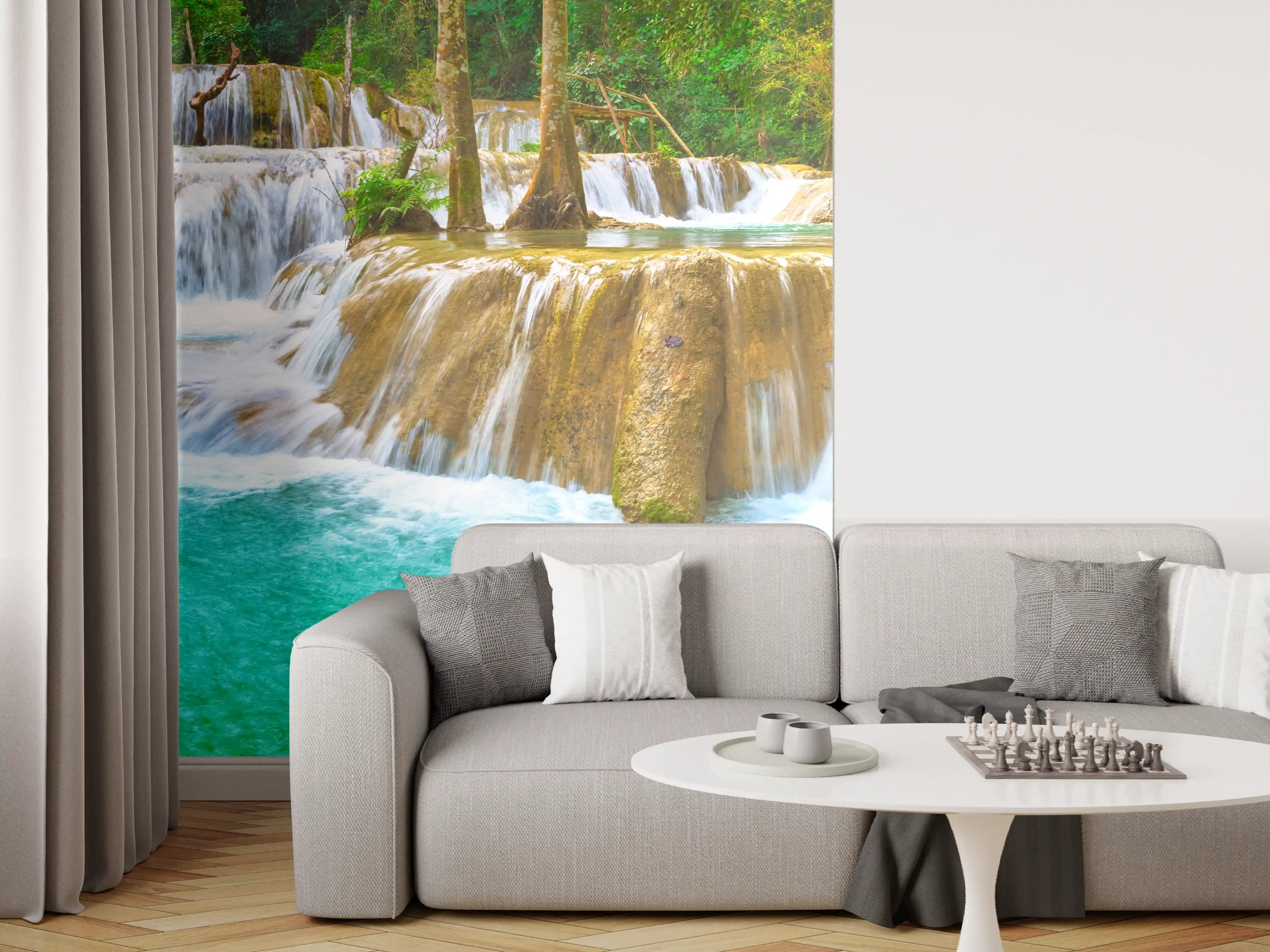 Wandverkleidung Wohnzimmer - Türkisgrüner Stufen-Wasserfall