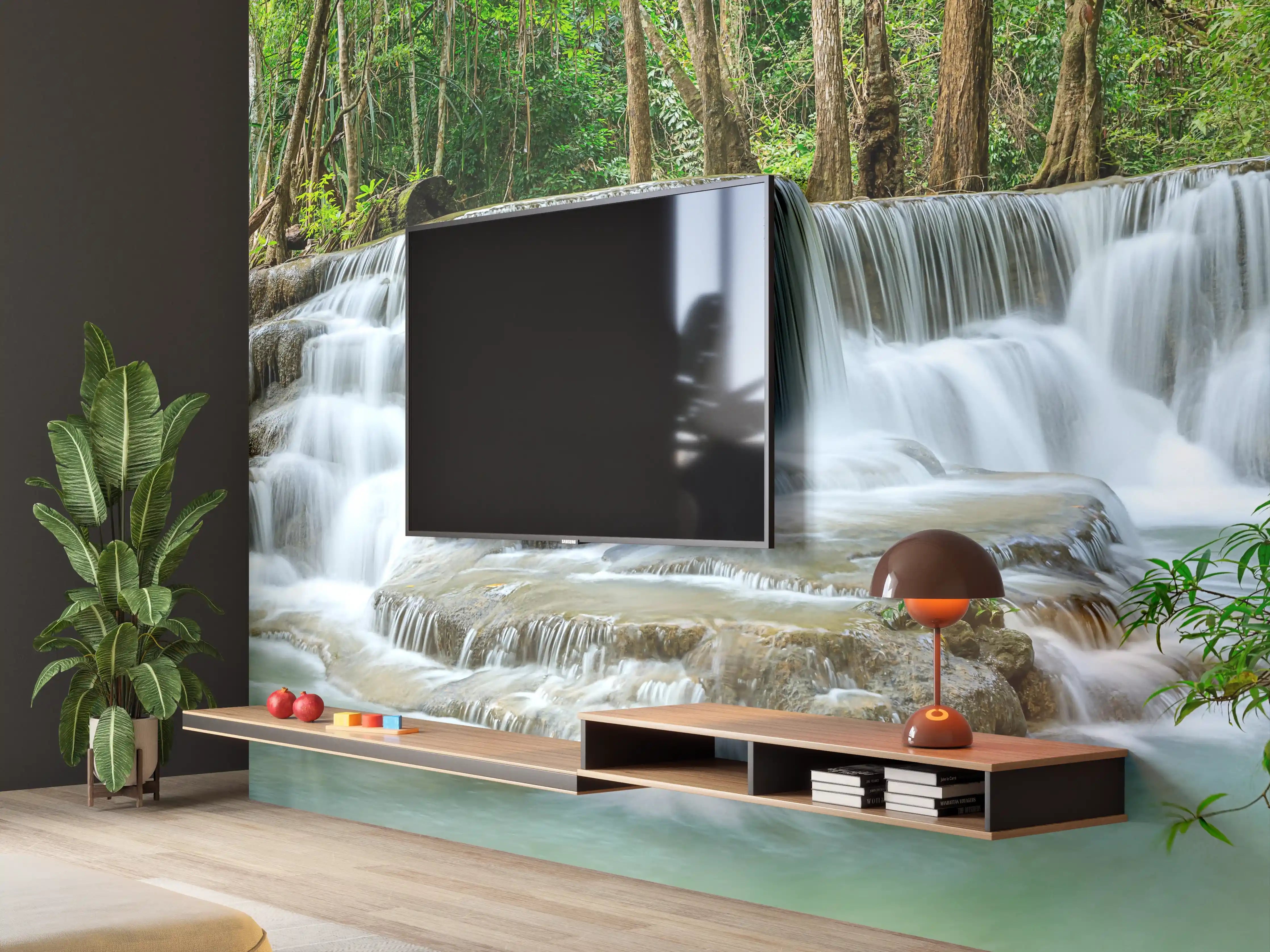 Wandverkleidung Wohnzimmer - Türkisgrüner Wasserfall im Wald