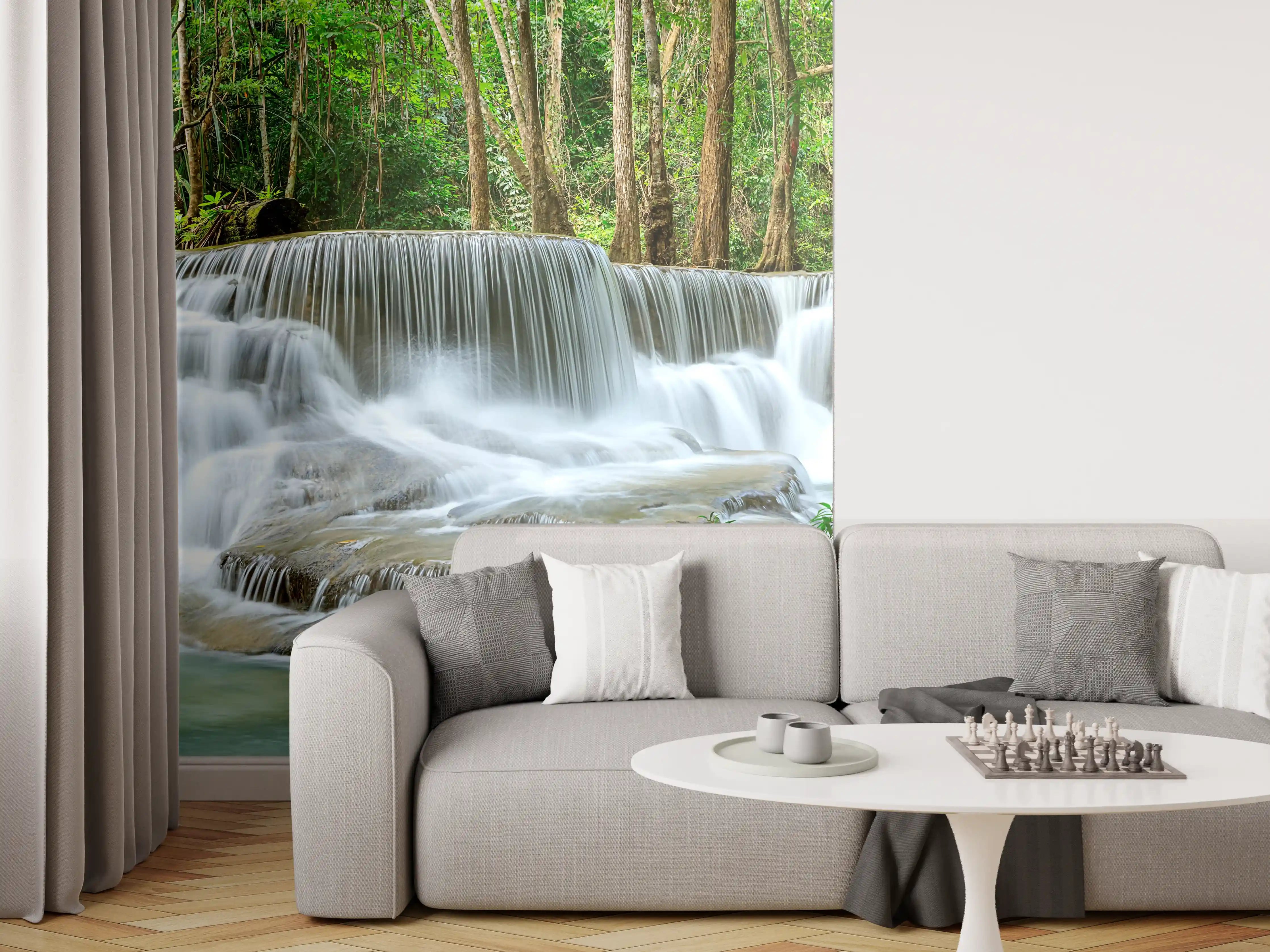 Wandverkleidung Wohnzimmer - Türkisgrüner Wasserfall im Wald
