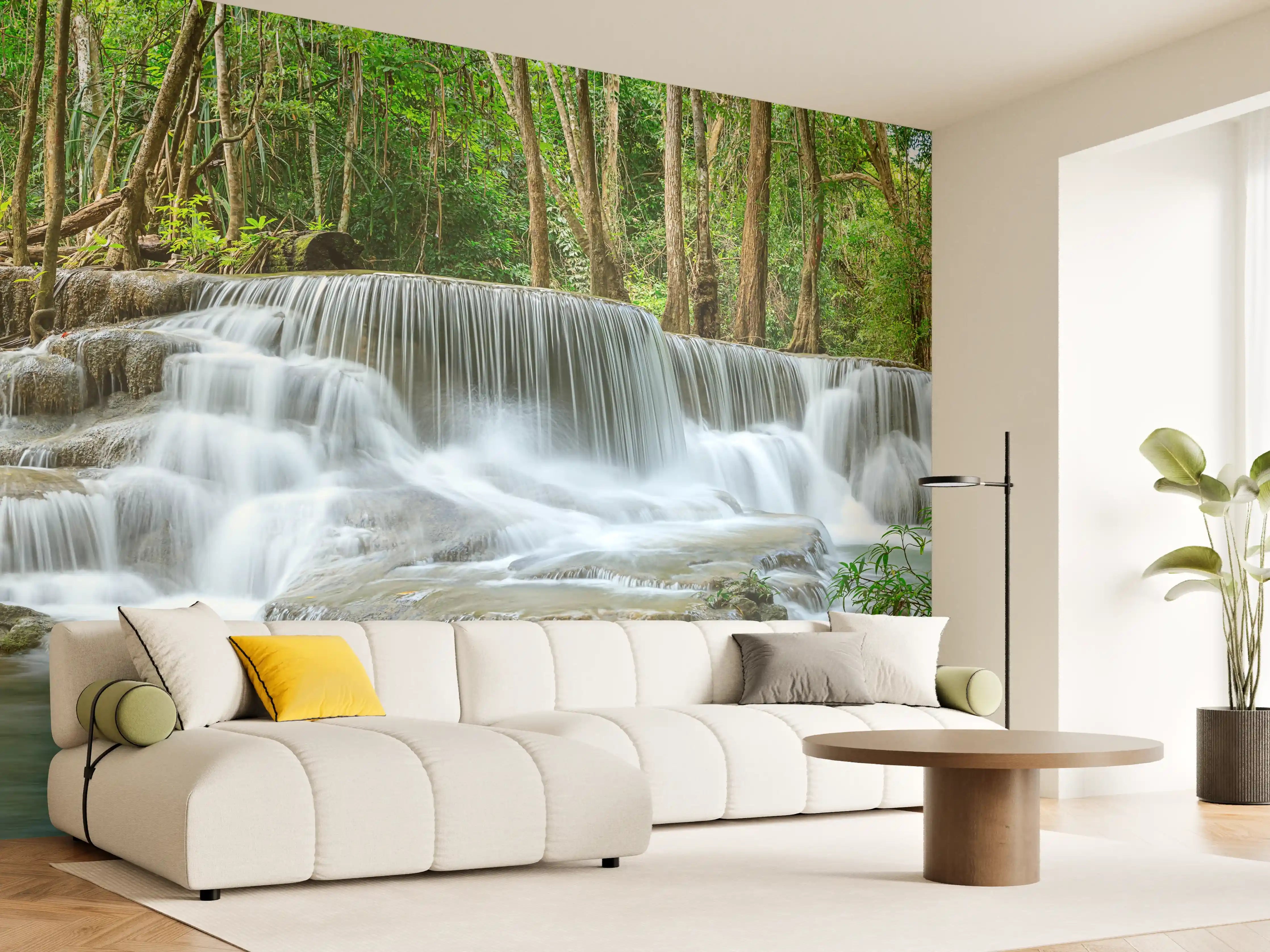 Wandverkleidung Wohnzimmer - Türkisgrüner Wasserfall im Wald