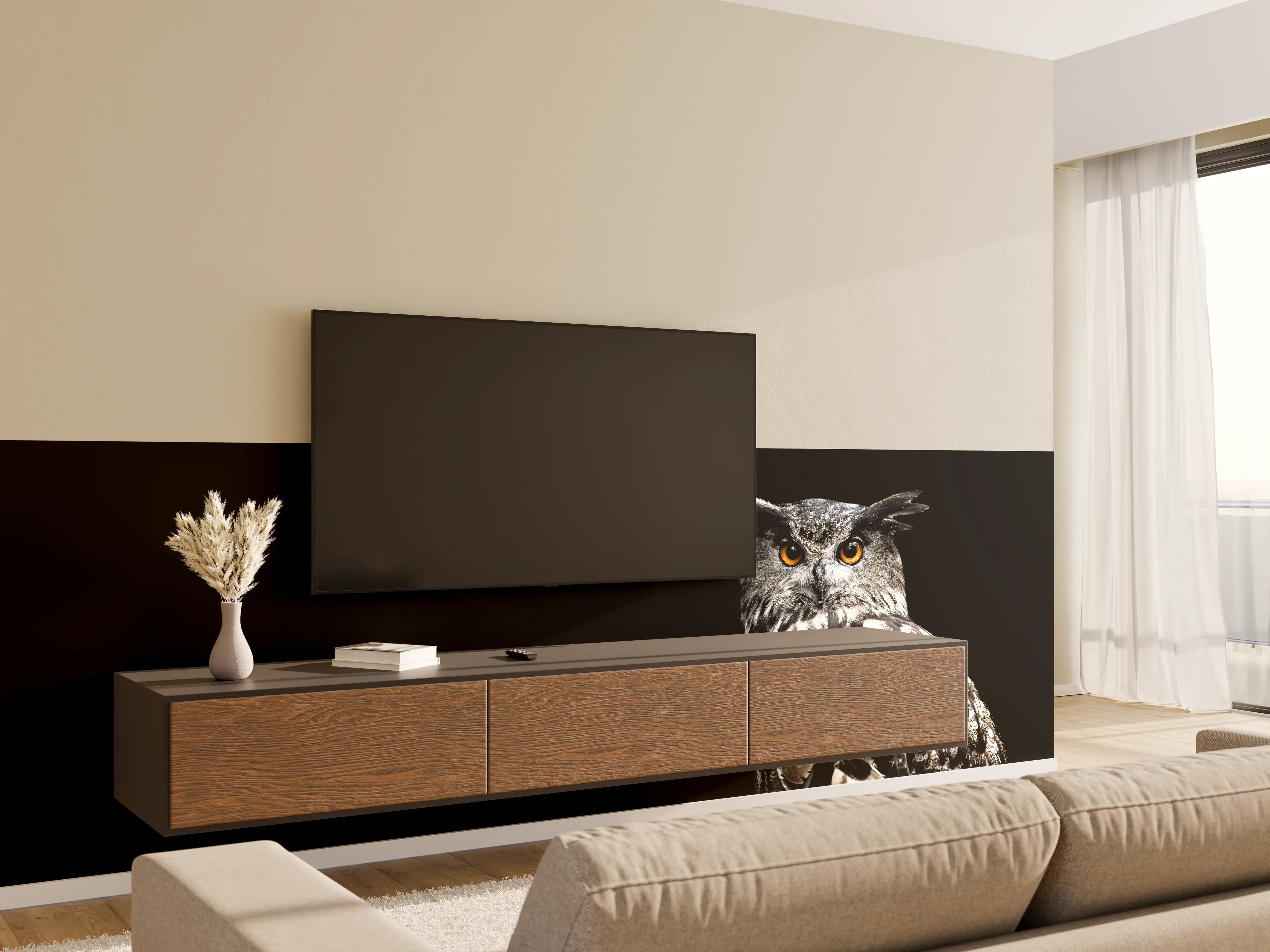 Wandverkleidung Wohnzimmer - Uhu auf schwarzem Hintergrund