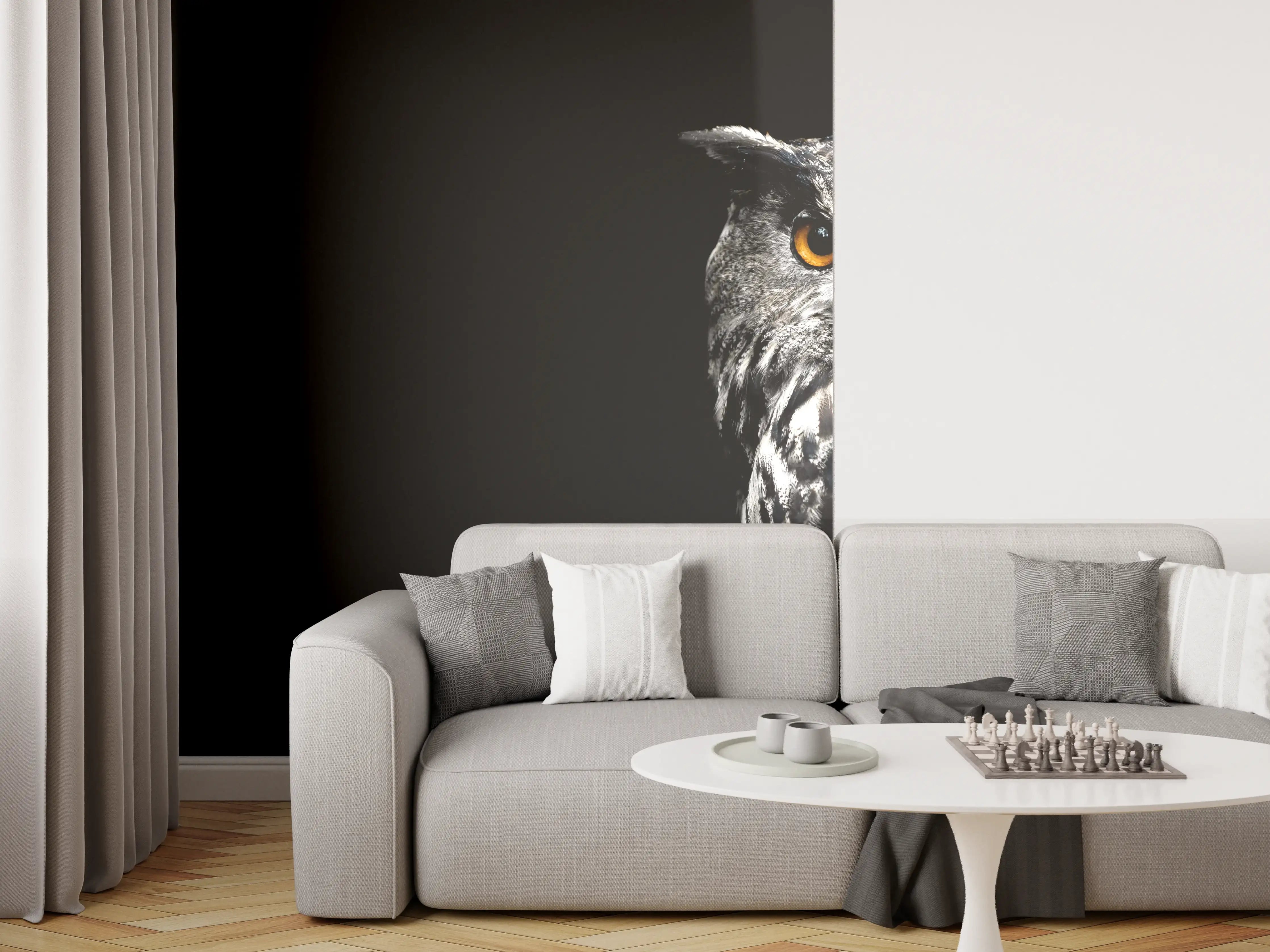 Wandverkleidung Wohnzimmer - Uhu auf schwarzem Hintergrund