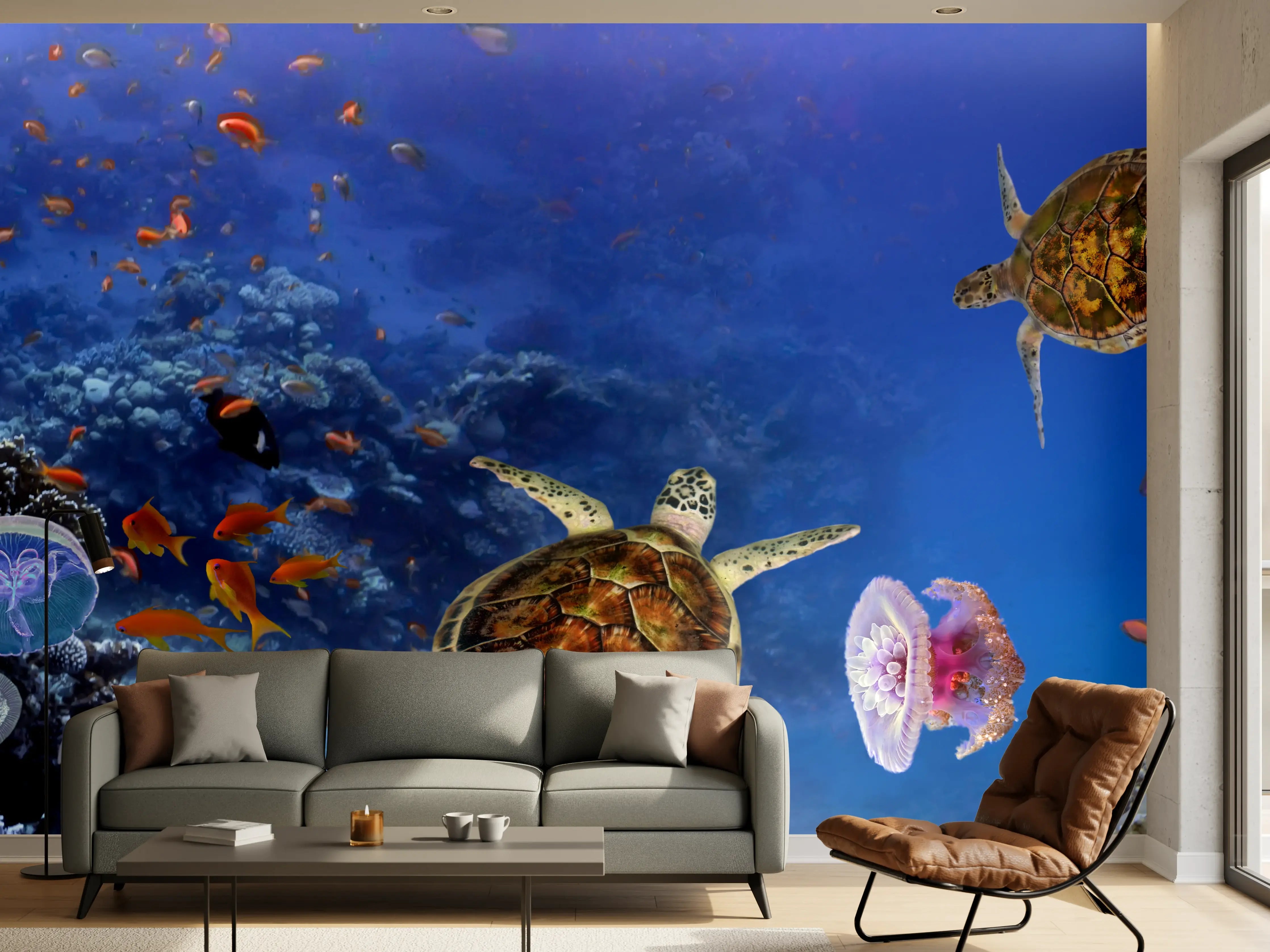 Wandverkleidung Wohnzimmer - Unterwasser-Panorama mit Schildkröte