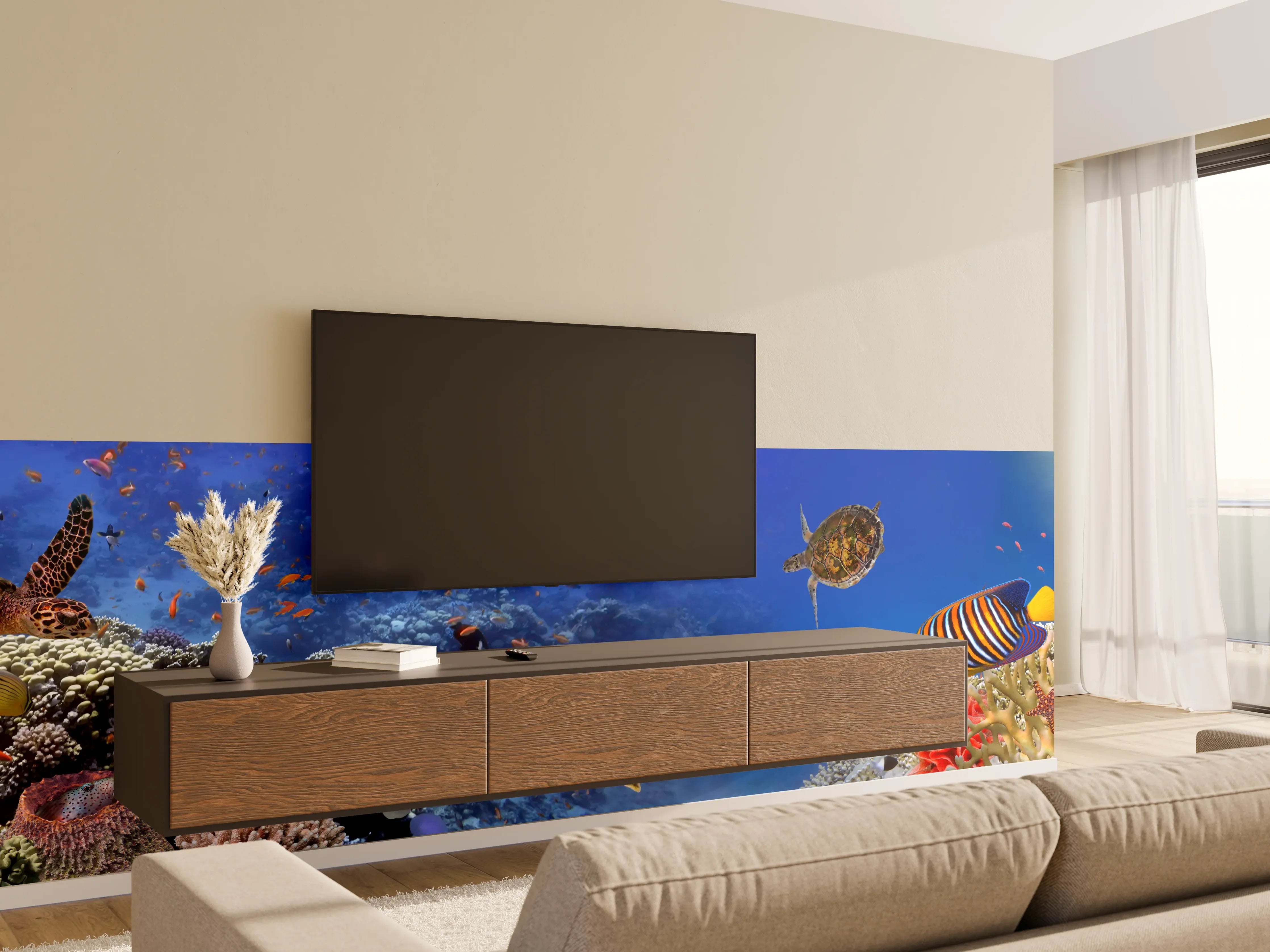Wandverkleidung Wohnzimmer - Unterwasser-Panorama mit Schildkröte