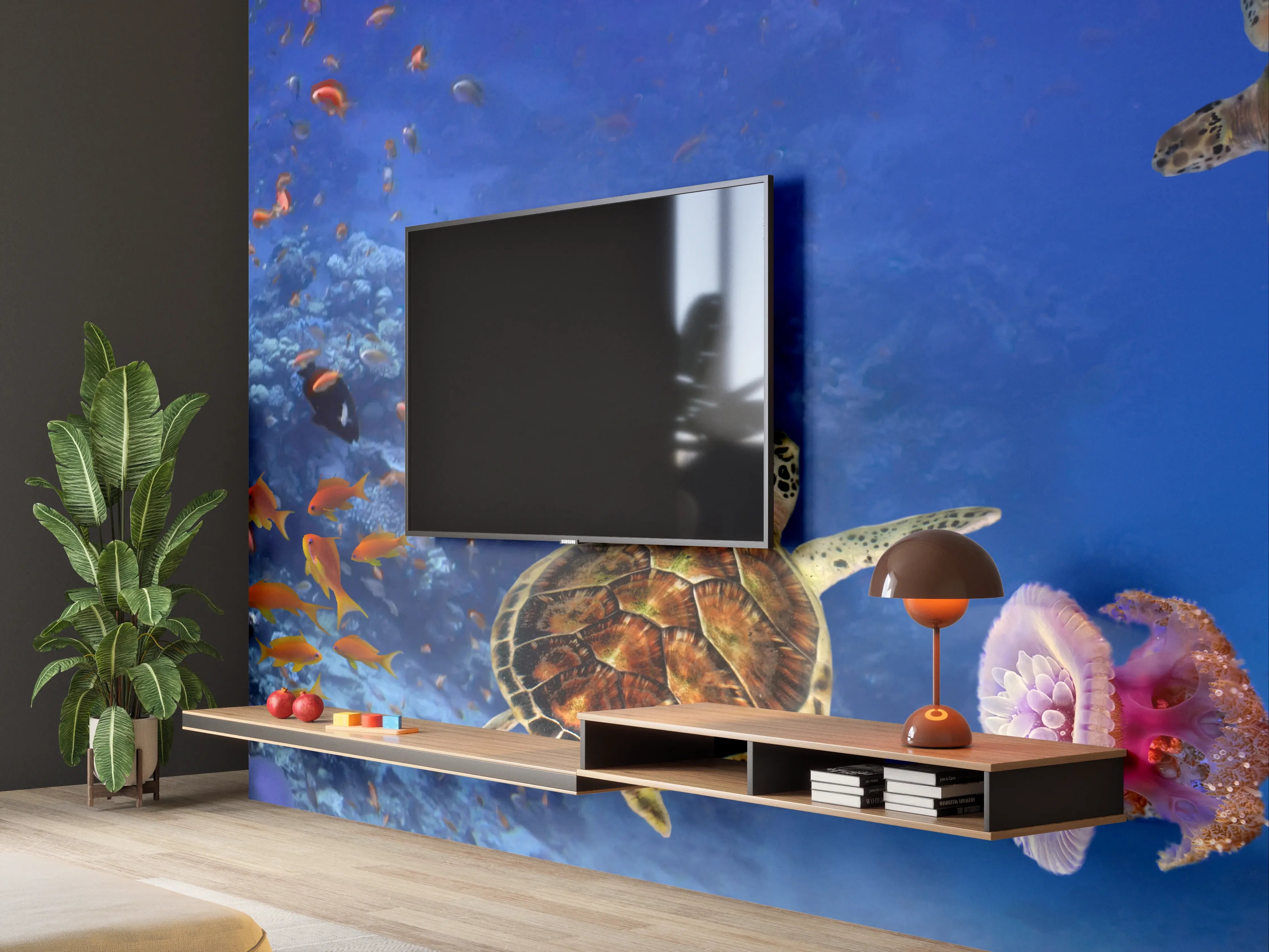 Wandverkleidung Wohnzimmer - Unterwasser-Panorama mit Schildkröte