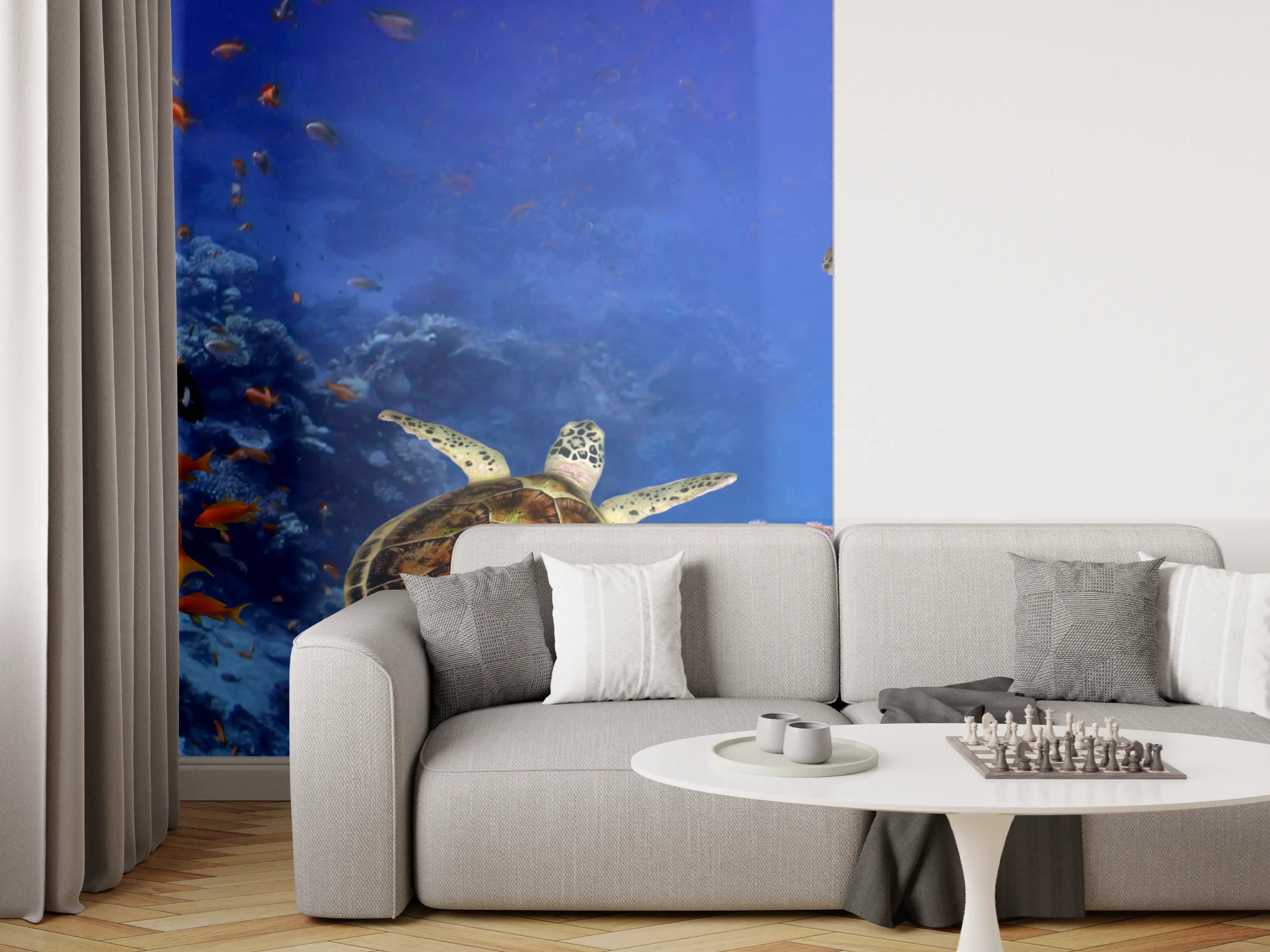 Wandverkleidung Wohnzimmer - Unterwasser-Panorama mit Schildkröte