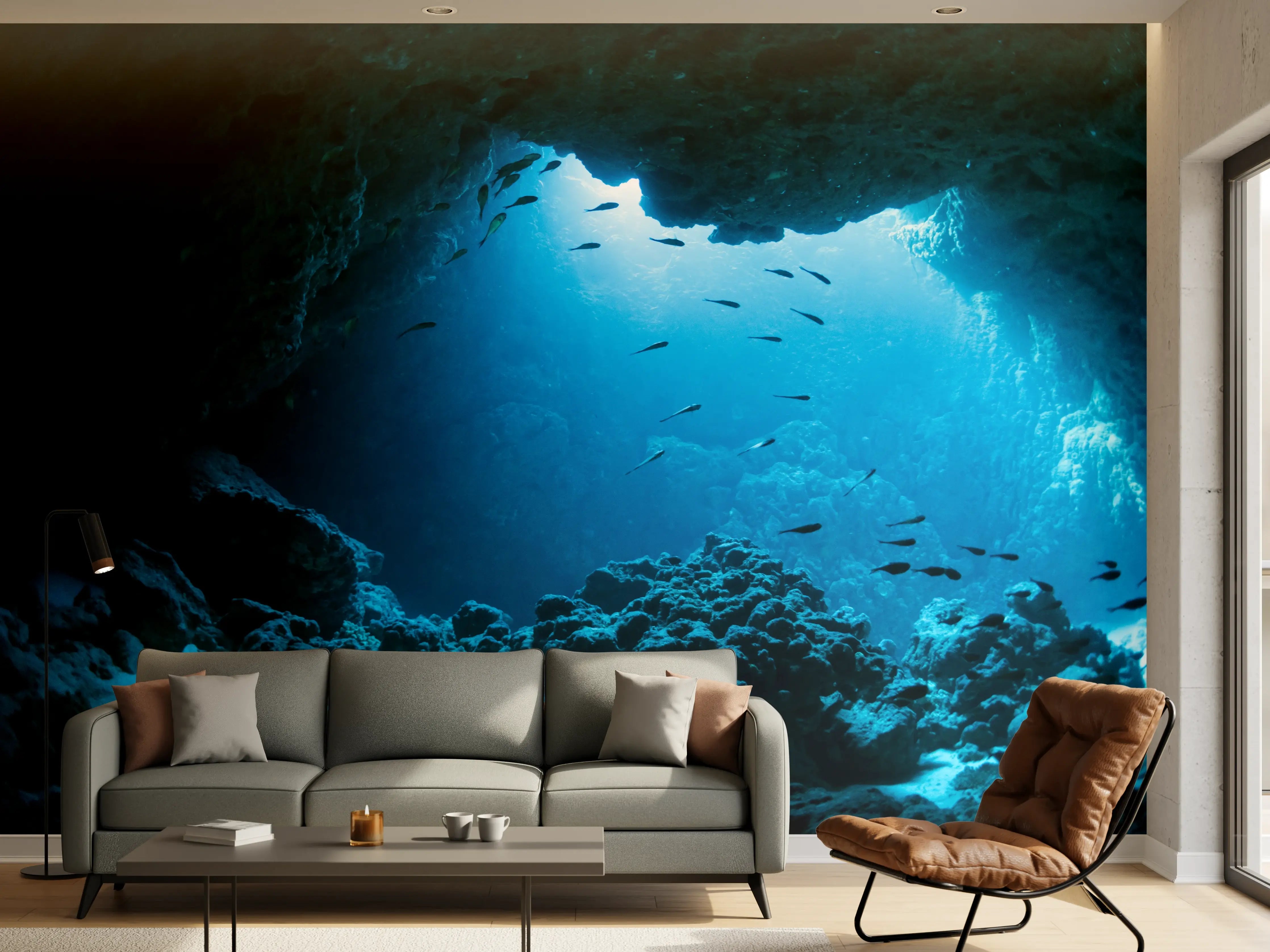 Wandverkleidung Wohnzimmer - Unterwasserhöhle mit Meeresbewohnern