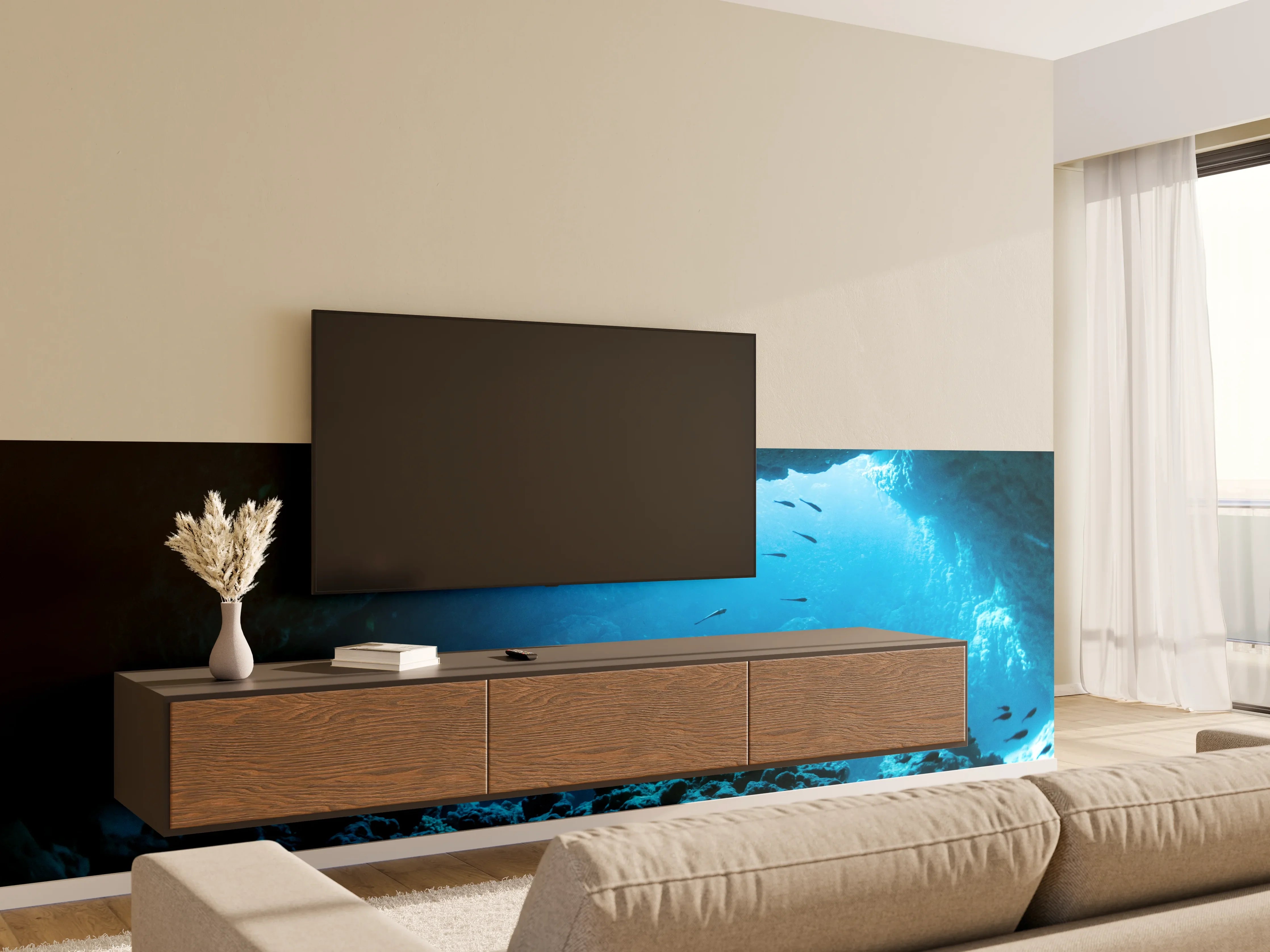 Wandverkleidung Wohnzimmer - Unterwasserhöhle mit Meeresbewohnern