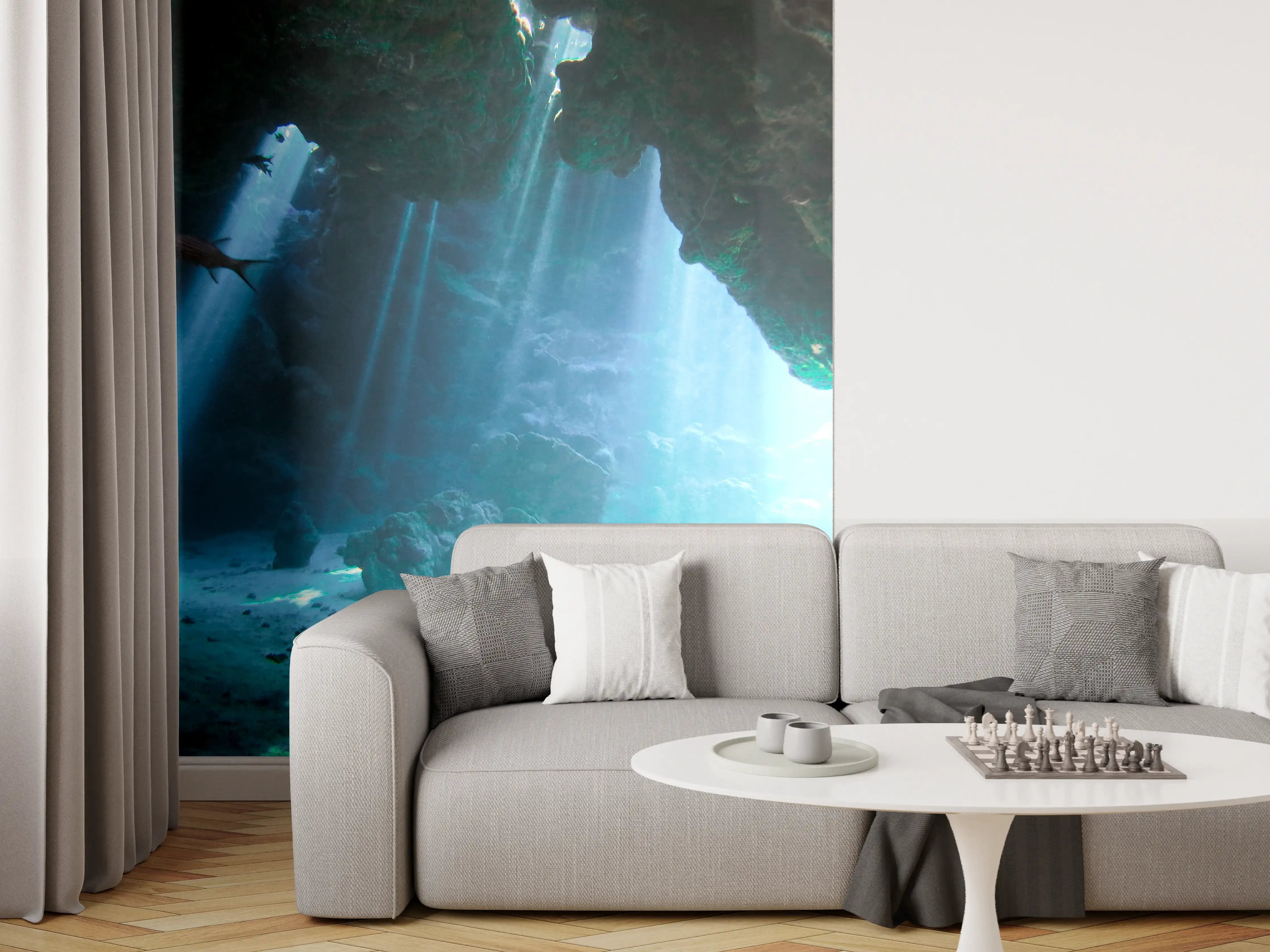 Wandverkleidung Wohnzimmer - Unterwasserhöhle mit Sonnenstrahlen und Fisch