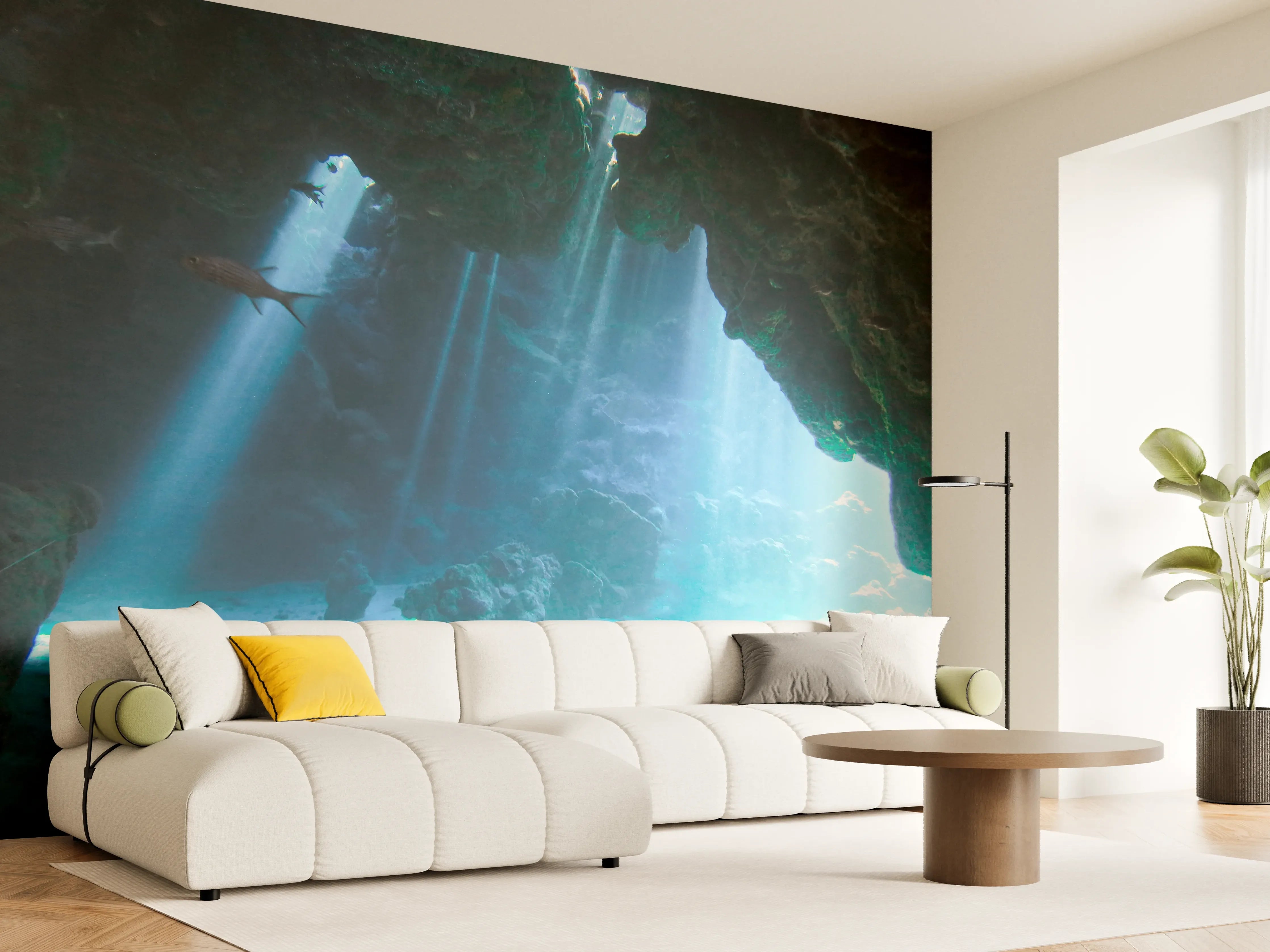 Wandverkleidung Wohnzimmer - Unterwasserhöhle mit Sonnenstrahlen und Fisch