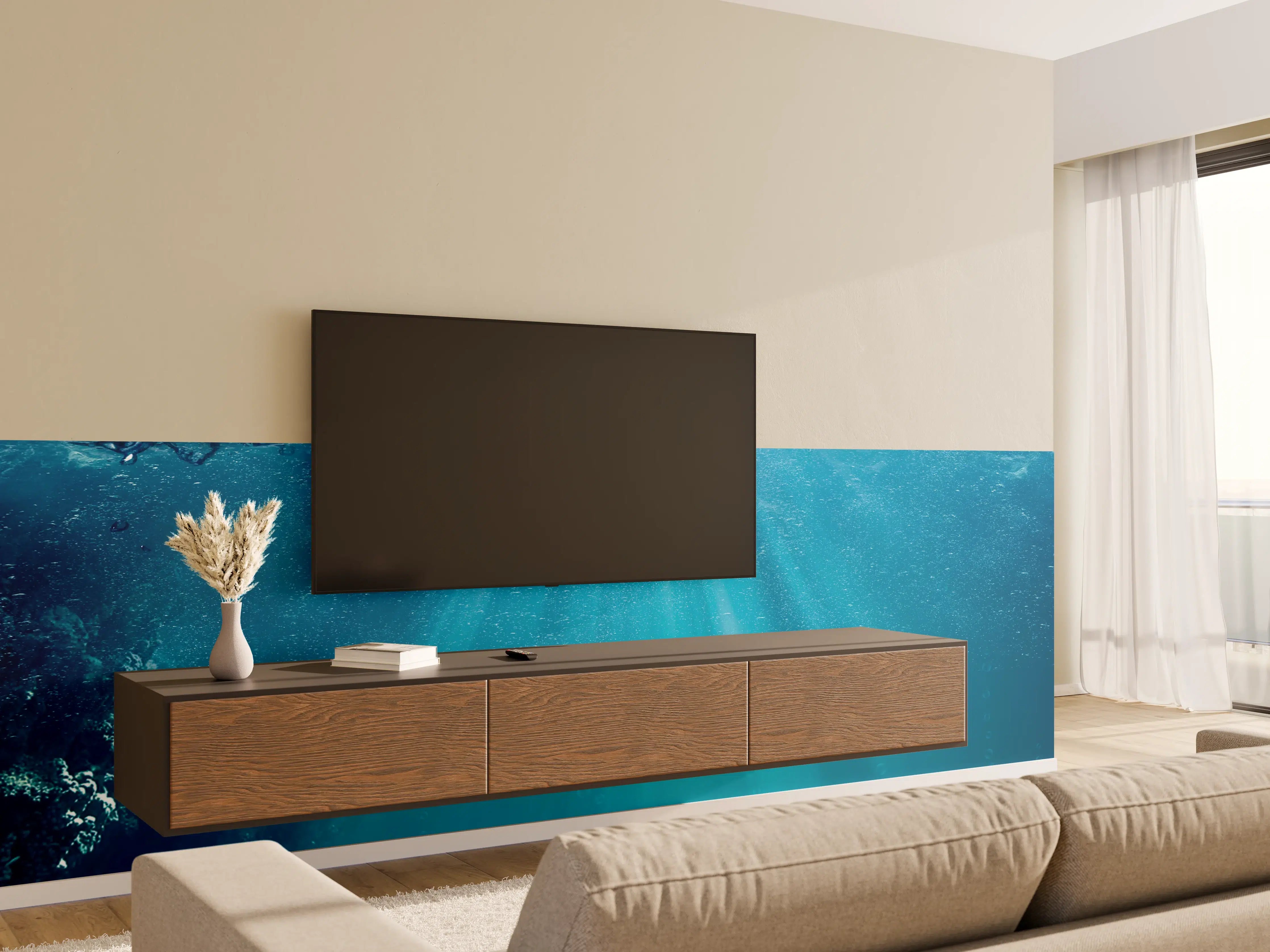 Wandverkleidung Wohnzimmer - Unterwasserwelt mit Sonnenstrahlen