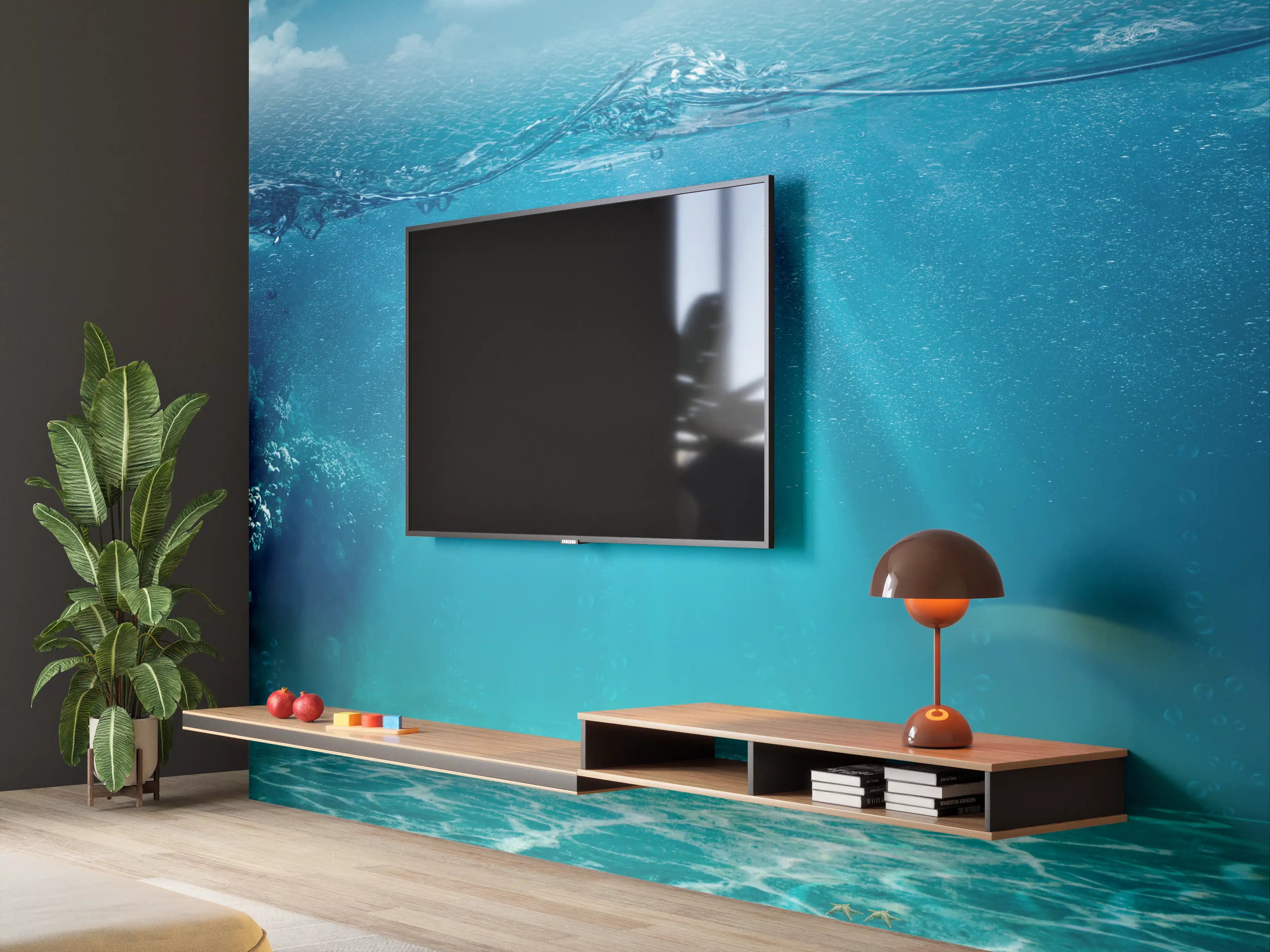 Wandverkleidung Wohnzimmer - Unterwasserwelt mit Sonnenstrahlen