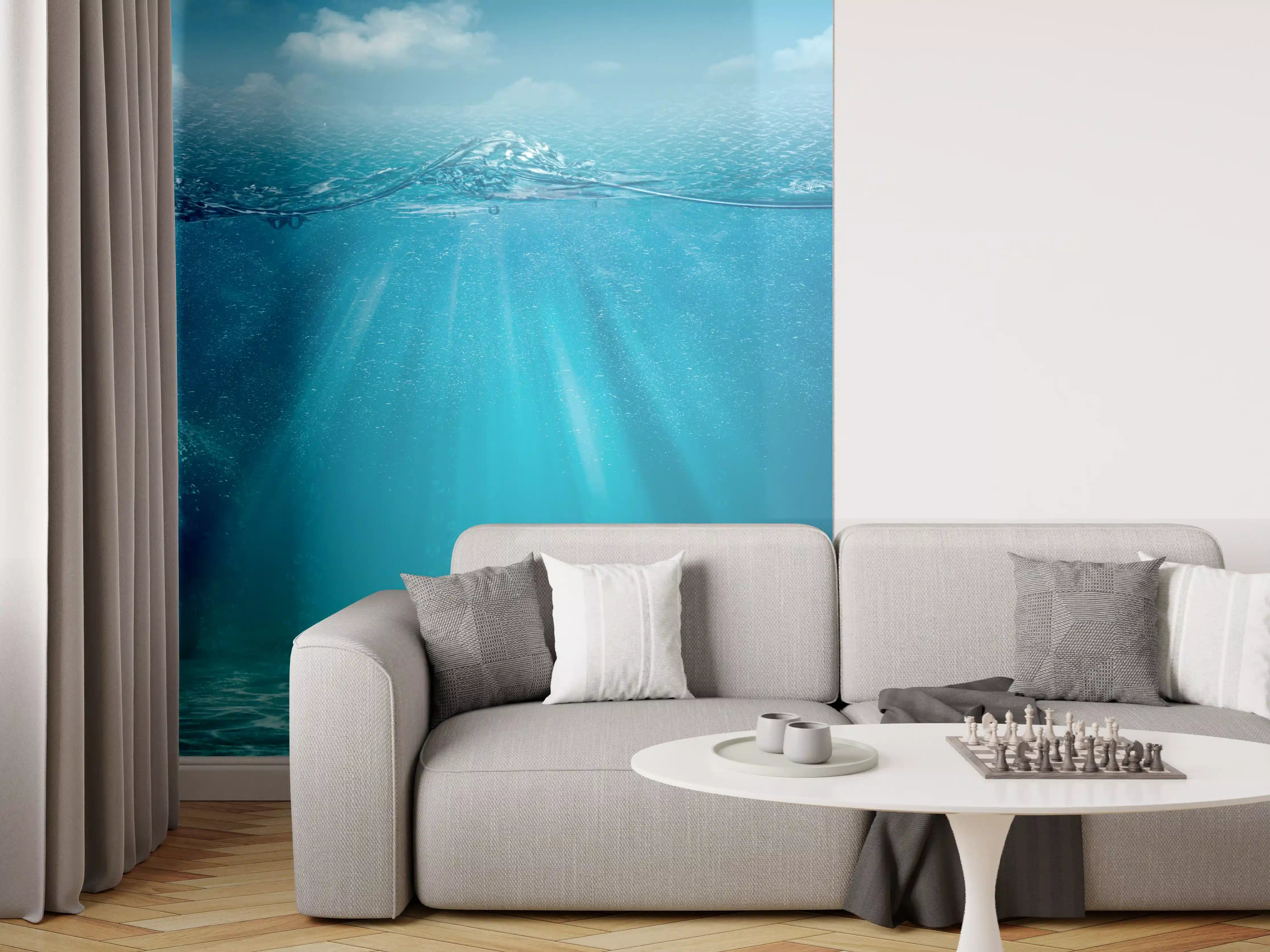 Wandverkleidung Wohnzimmer - Unterwasserwelt mit Sonnenstrahlen