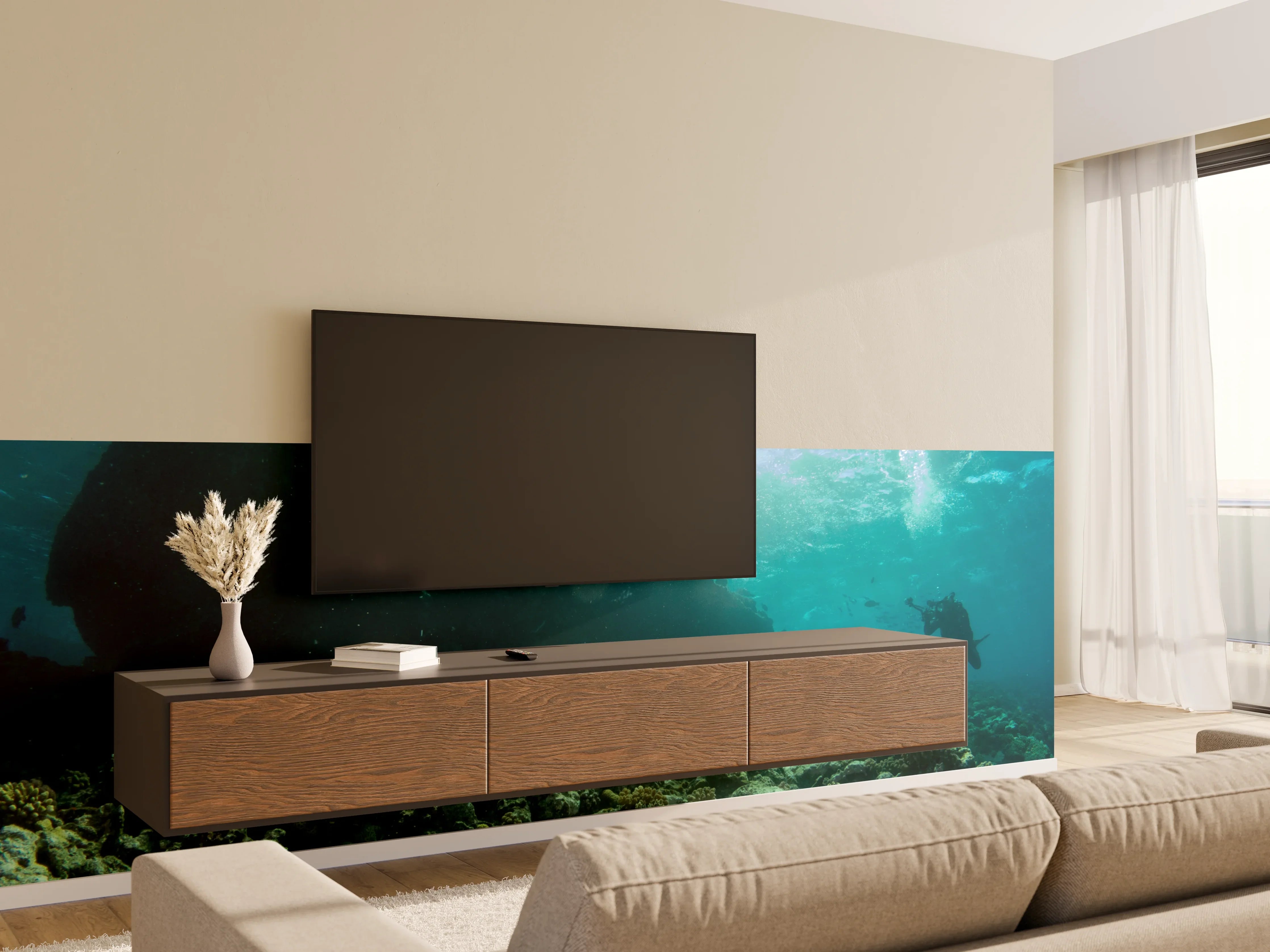 Wandverkleidung Wohnzimmer - Unterwasserwelt mit Taucher