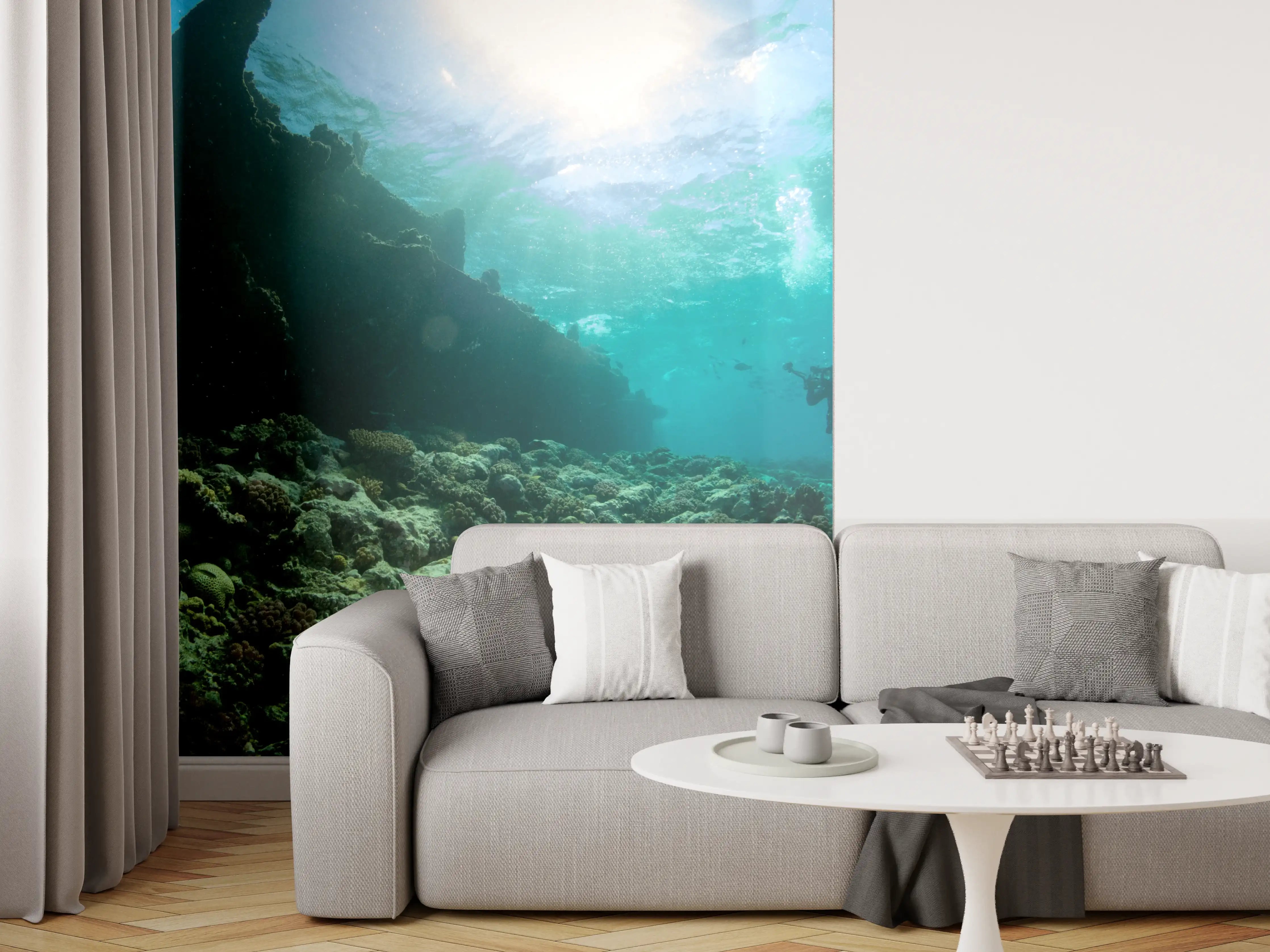 Wandverkleidung Wohnzimmer - Unterwasserwelt mit Taucher