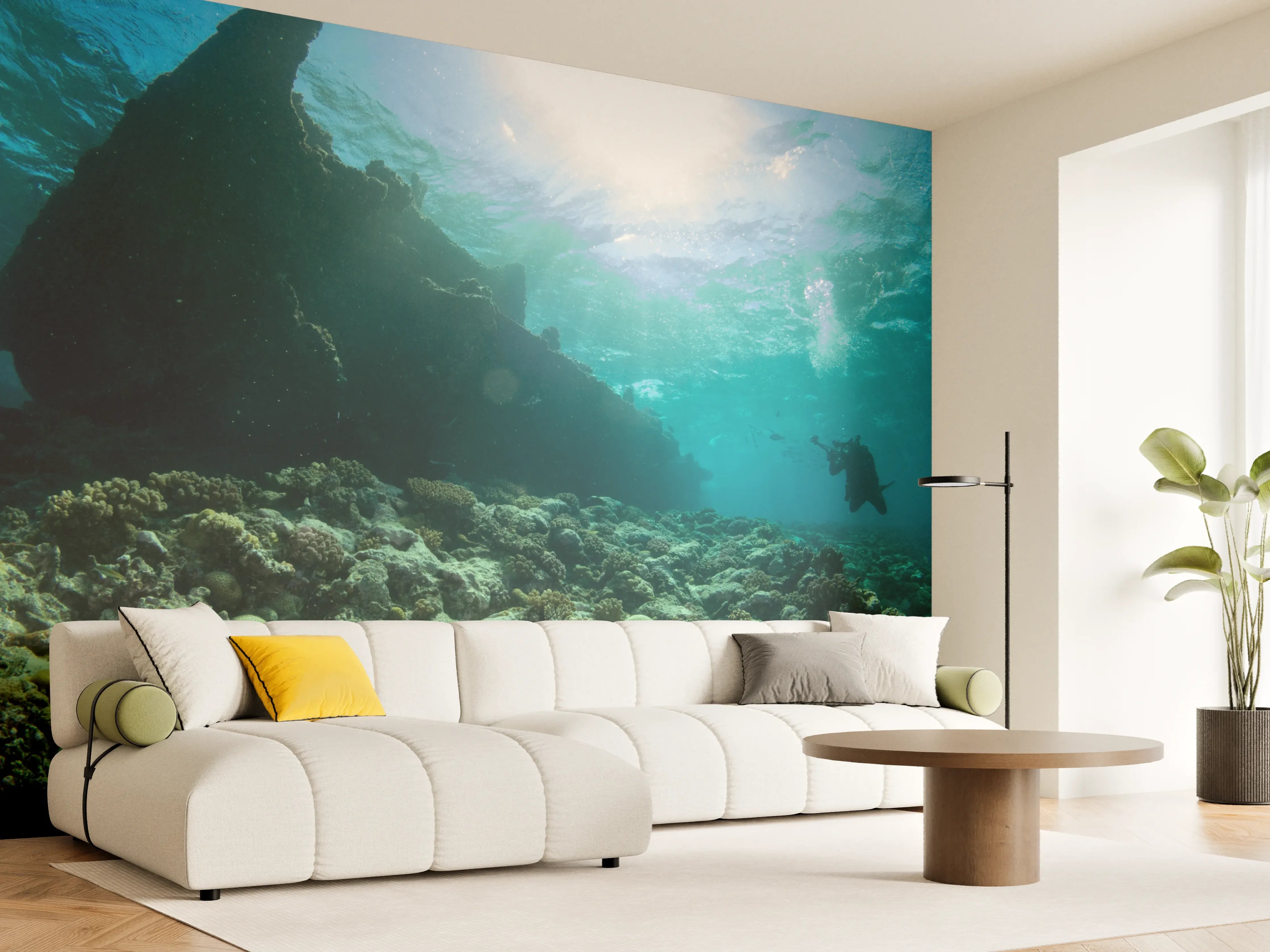 Wandverkleidung Wohnzimmer - Unterwasserwelt mit Taucher