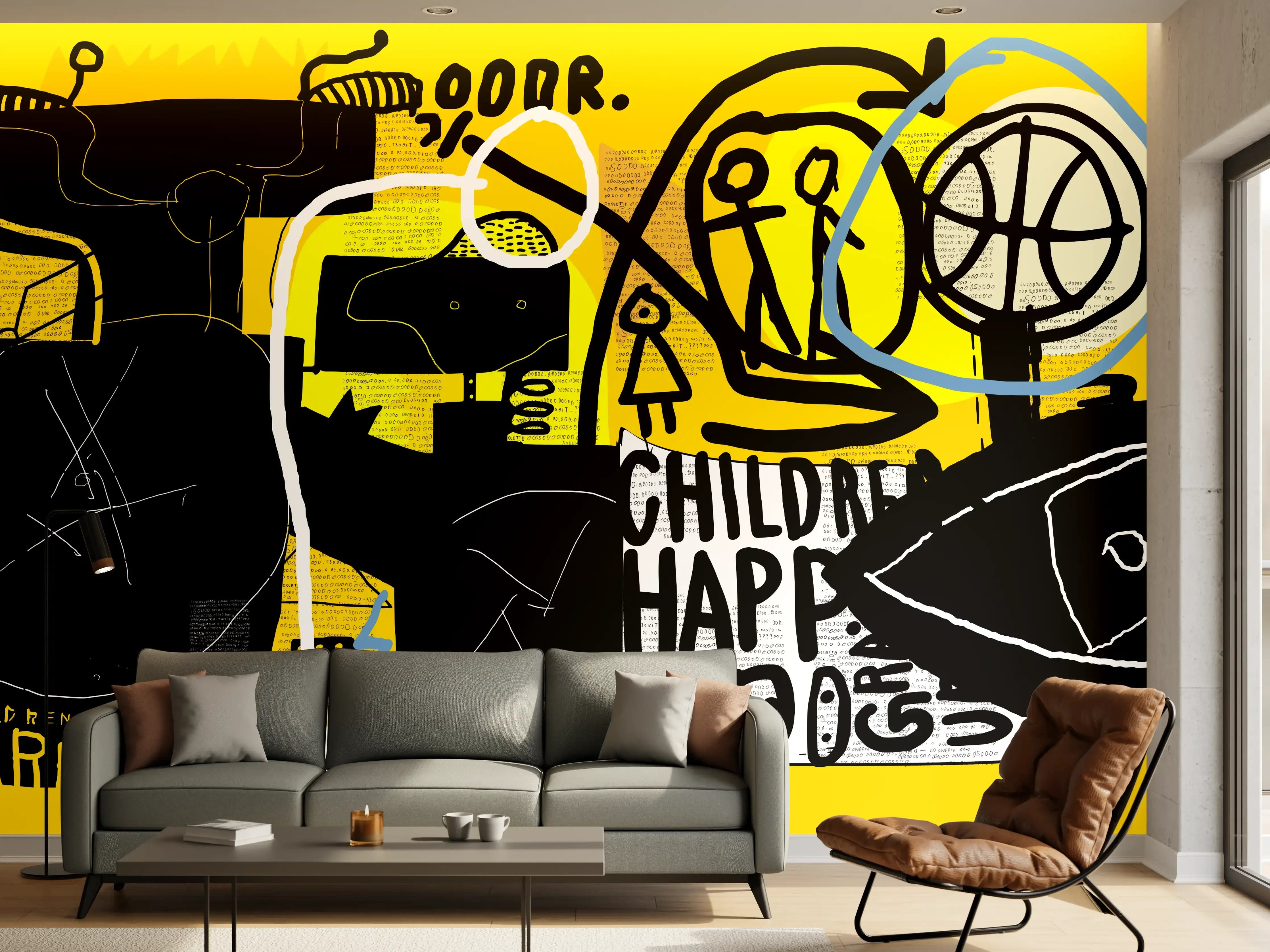 Wandverkleidung Wohnzimmer - Urbanes Graffiti-Kunstwerk Gelb Schwarz