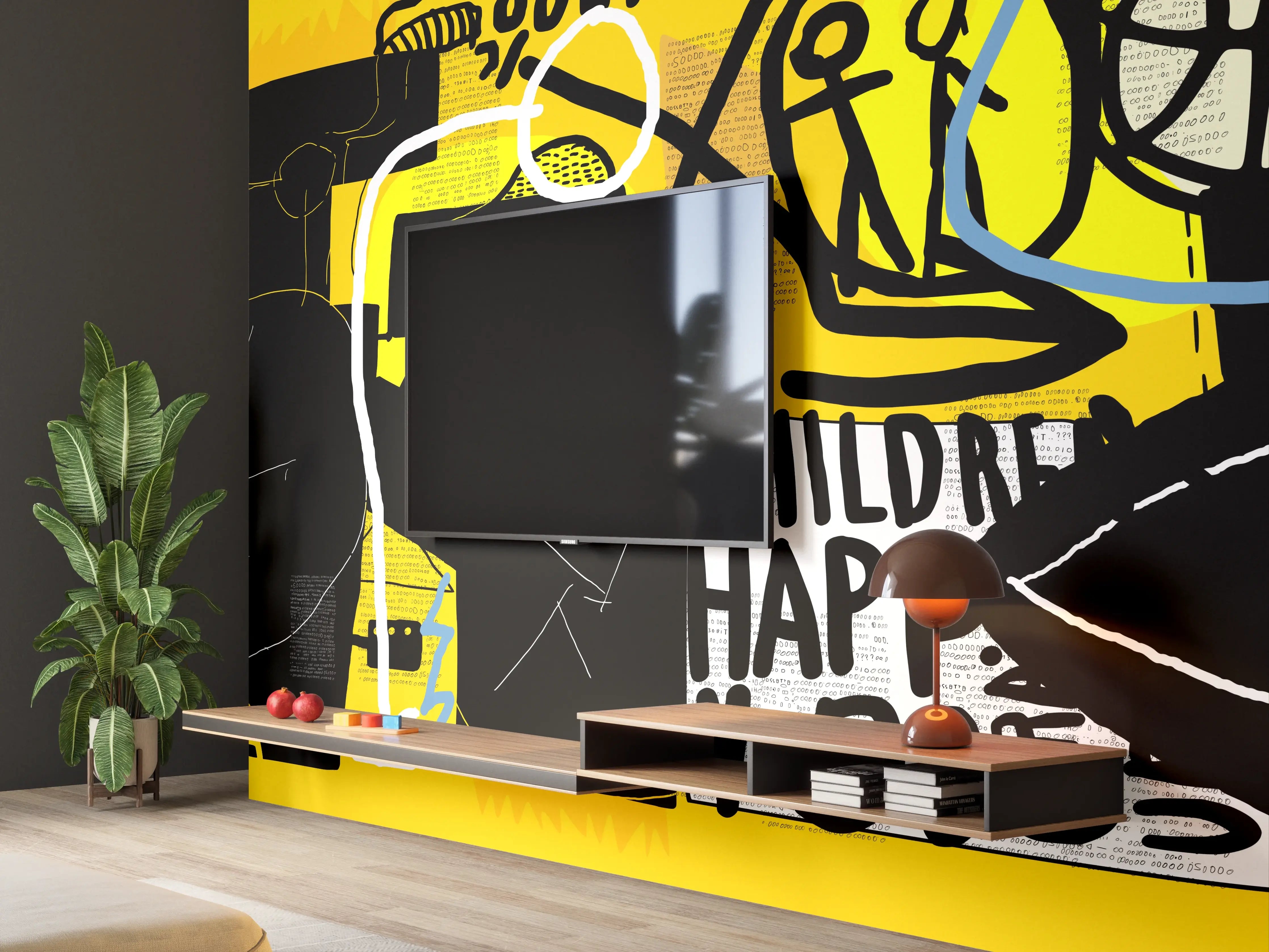 Wandverkleidung Wohnzimmer - Urbanes Graffiti-Kunstwerk Gelb Schwarz