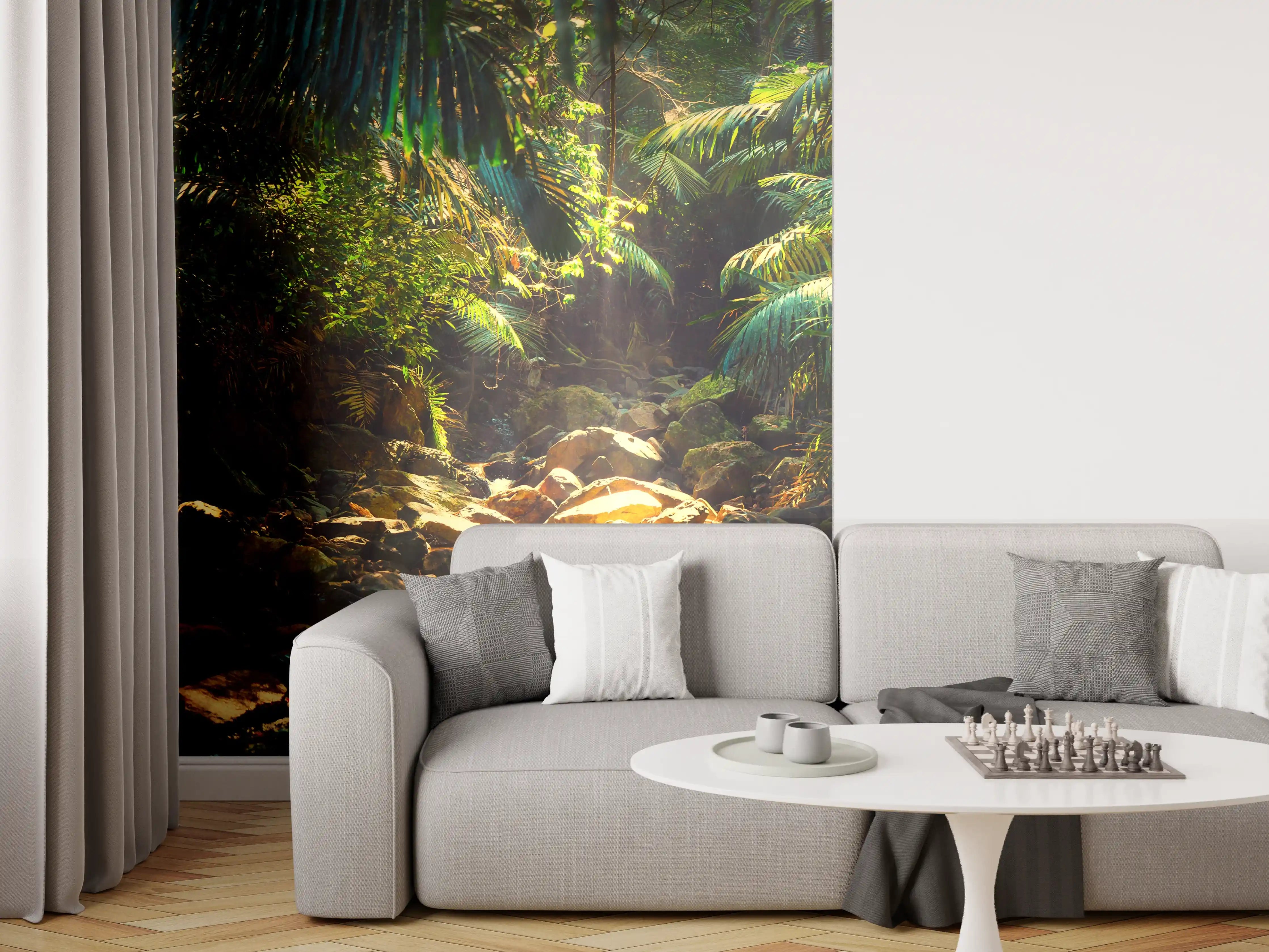 Wandverkleidung Wohnzimmer - Urwaldidyll mit Sonnenlicht und Fluss