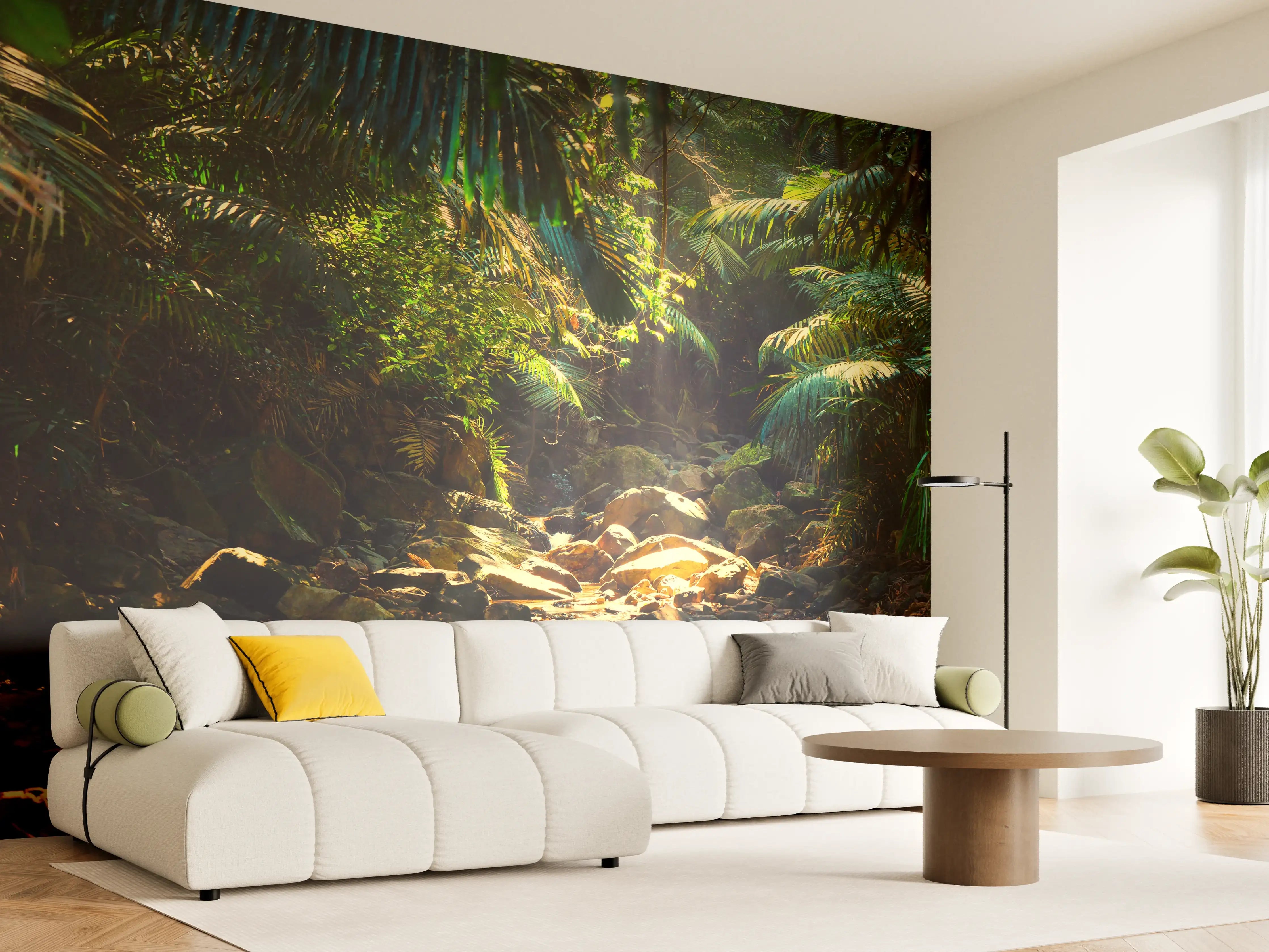 Wandverkleidung Wohnzimmer - Urwaldidyll mit Sonnenlicht und Fluss