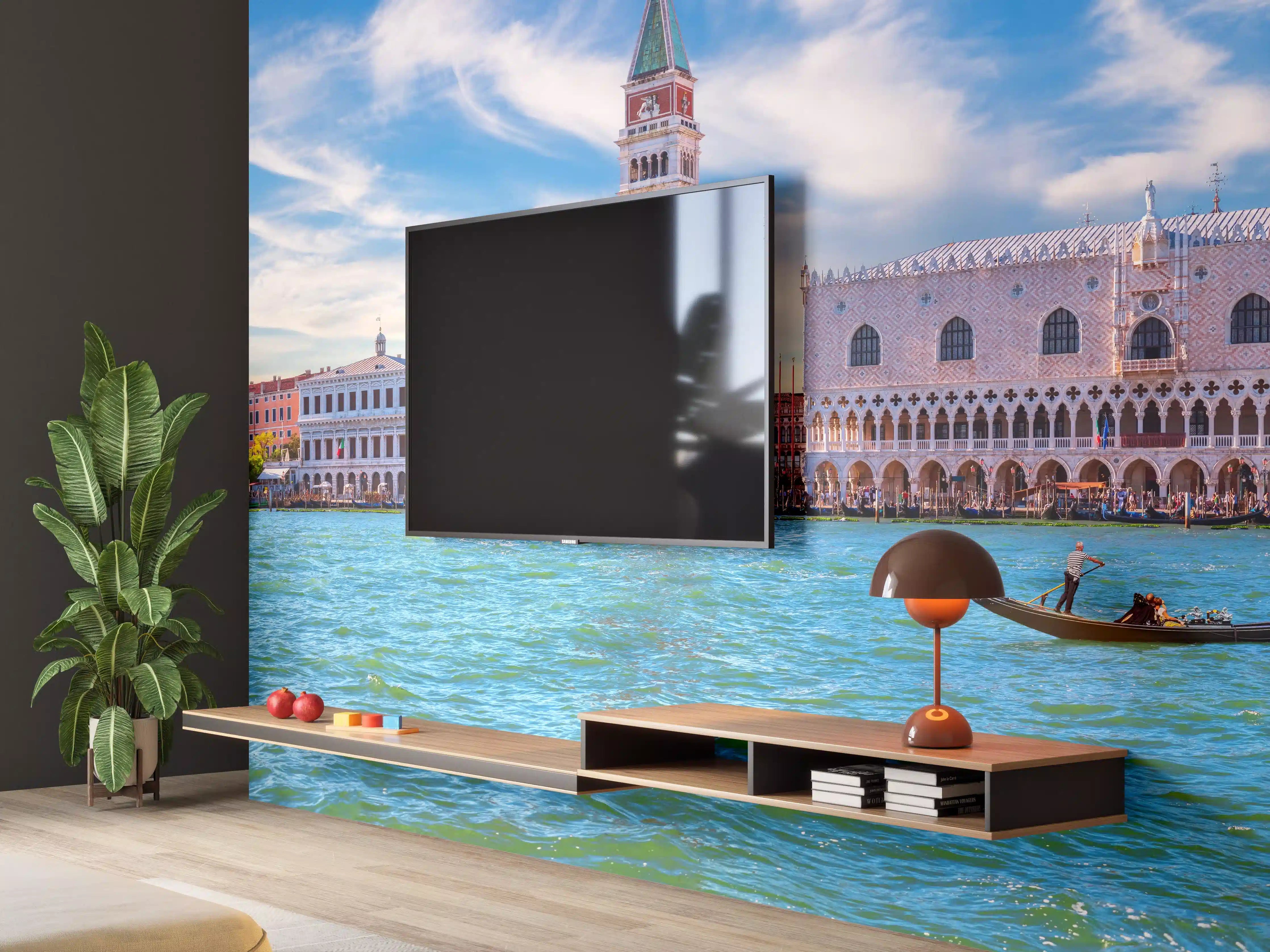 Wandverkleidung Wohnzimmer - Venedig Skyline Blau-Türkis