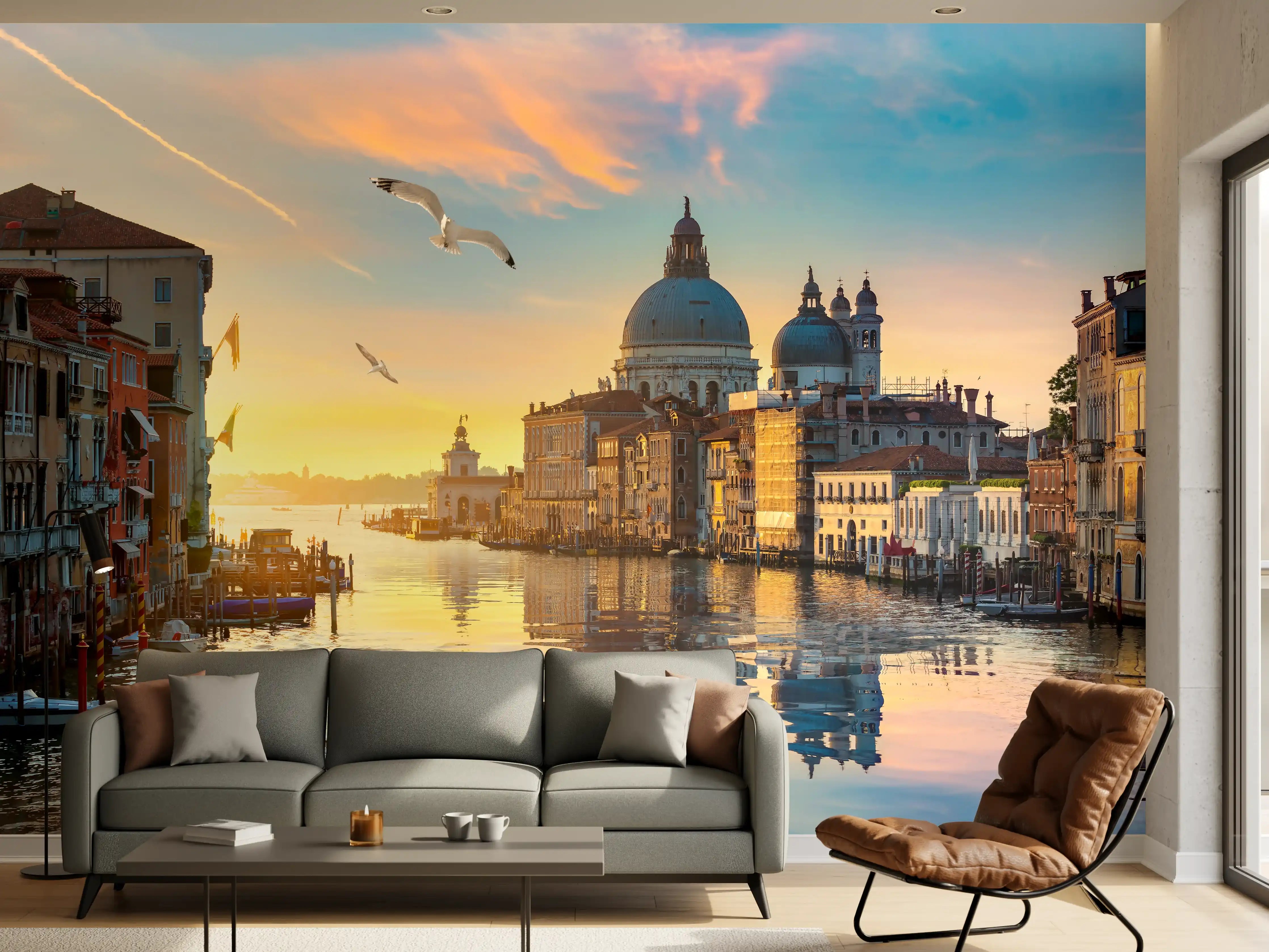 Wandverkleidung Wohnzimmer - Venedig bei Sonnenuntergang mit Wasser und Inseln