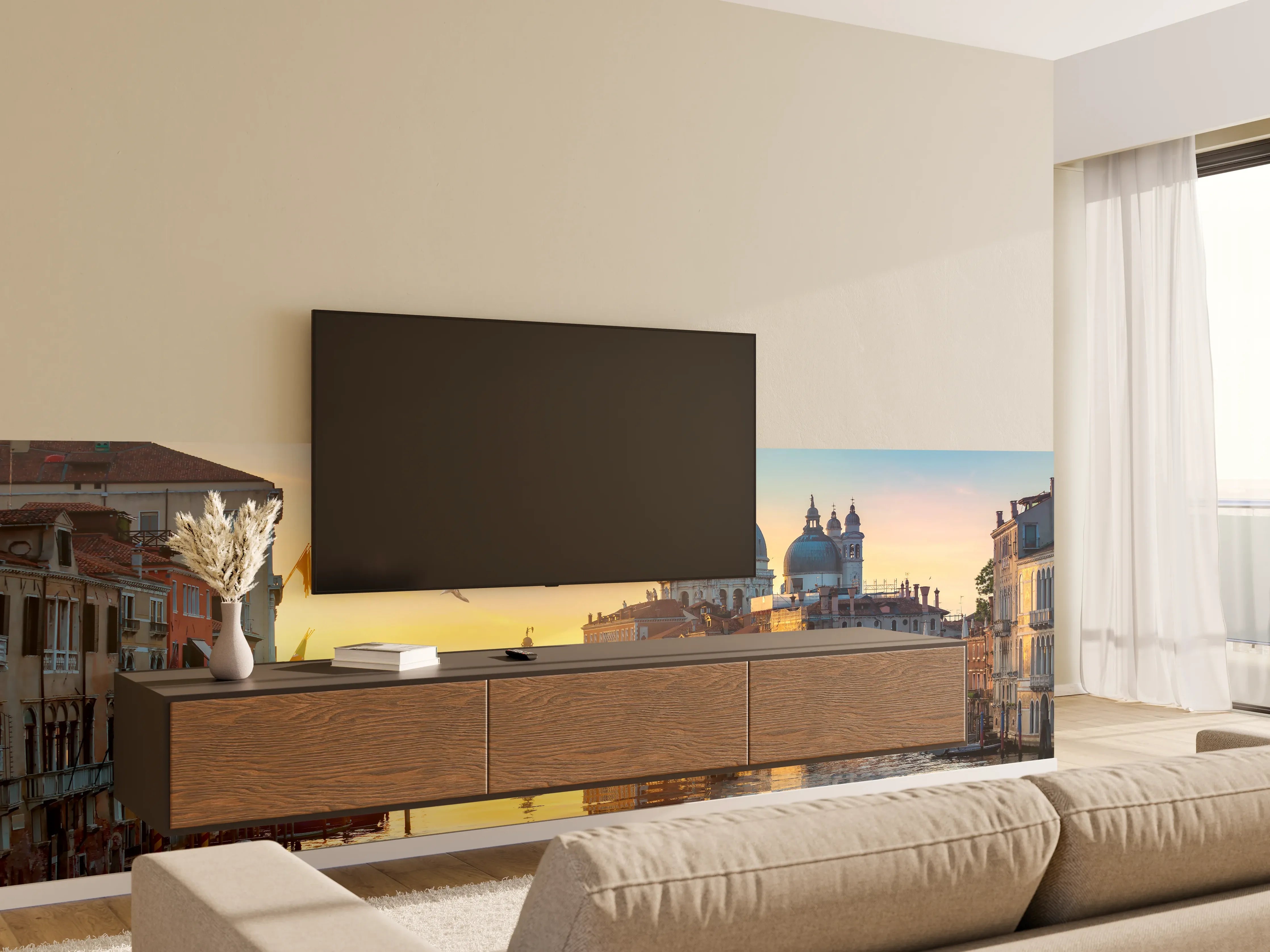 Wandverkleidung Wohnzimmer - Venedig bei Sonnenuntergang mit Wasser und Inseln