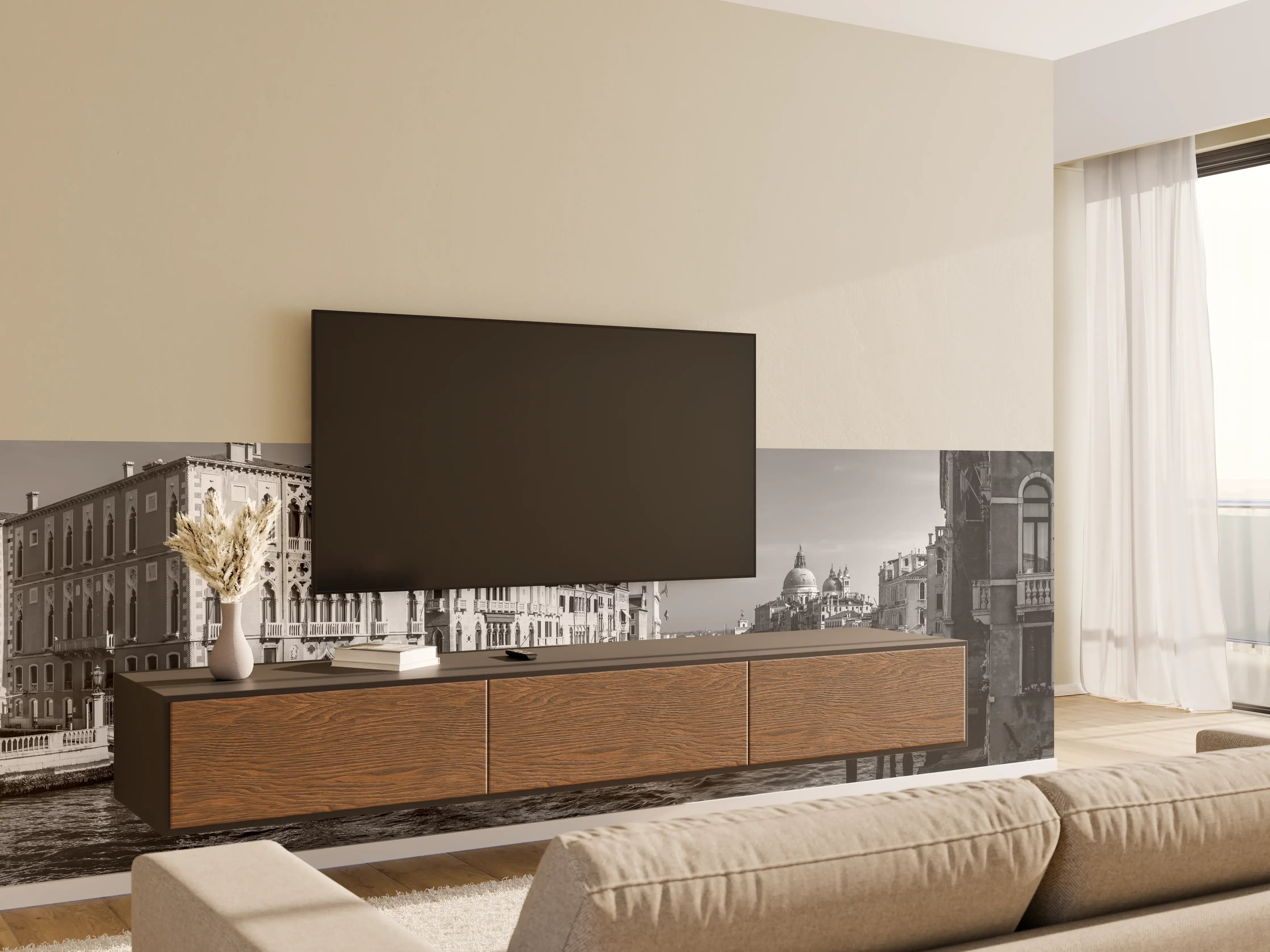 Wandverkleidung Wohnzimmer - Venedig in Schwarz und Weiß
