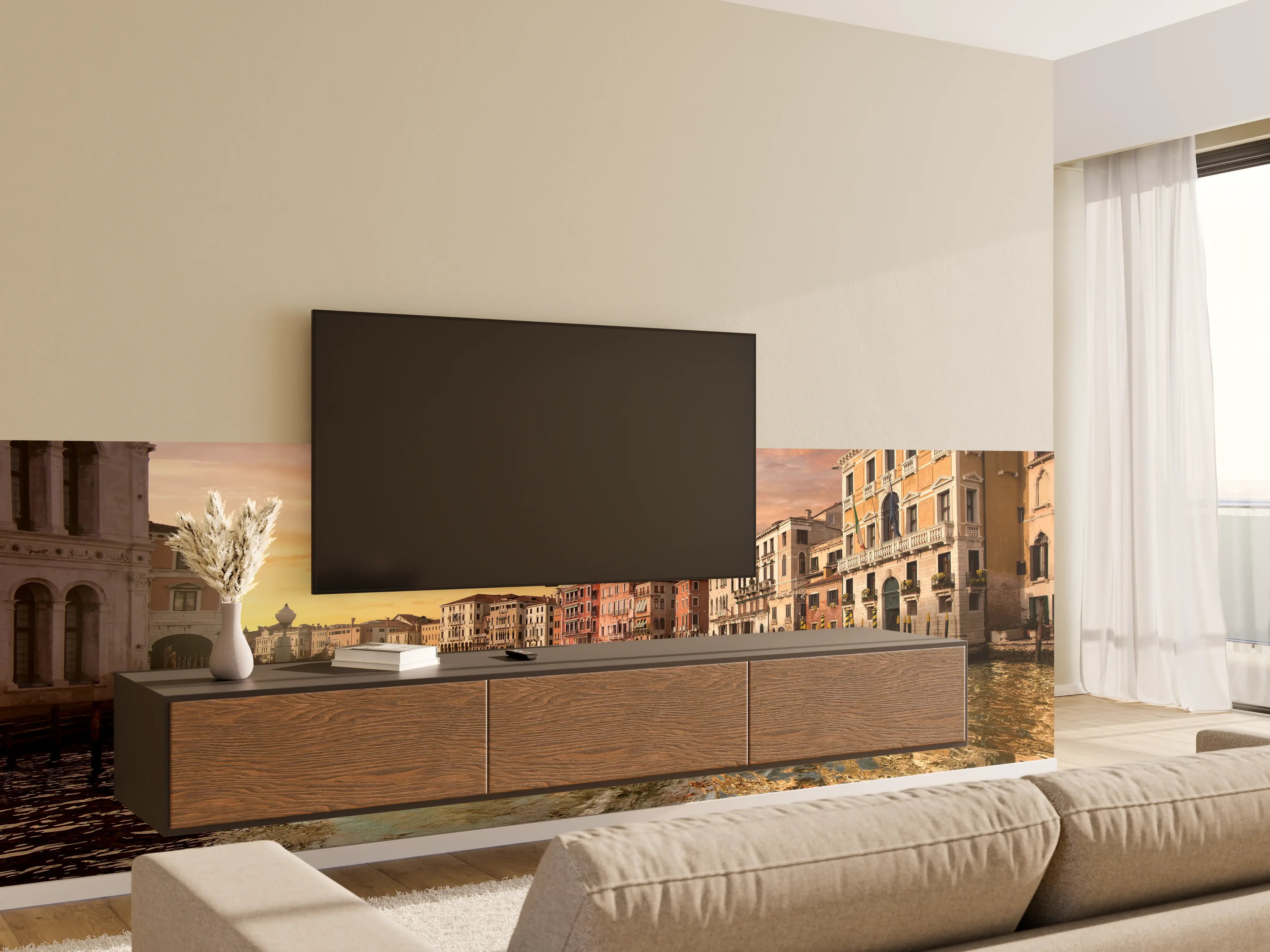 Wandverkleidung Wohnzimmer - Venetian Sunset with Historic Buildings and Canal
