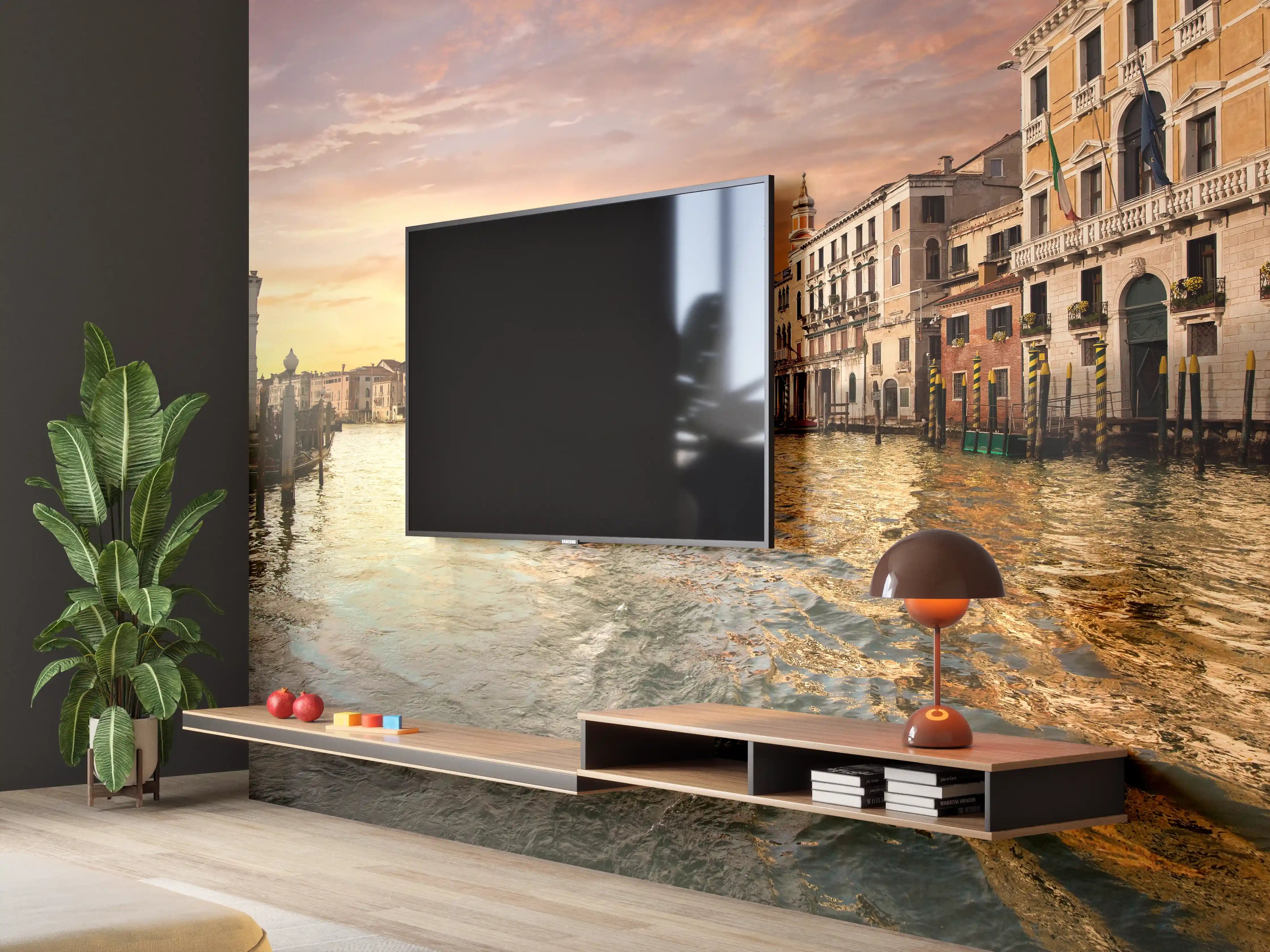 Wandverkleidung Wohnzimmer - Venetian Sunset with Historic Buildings and Canal