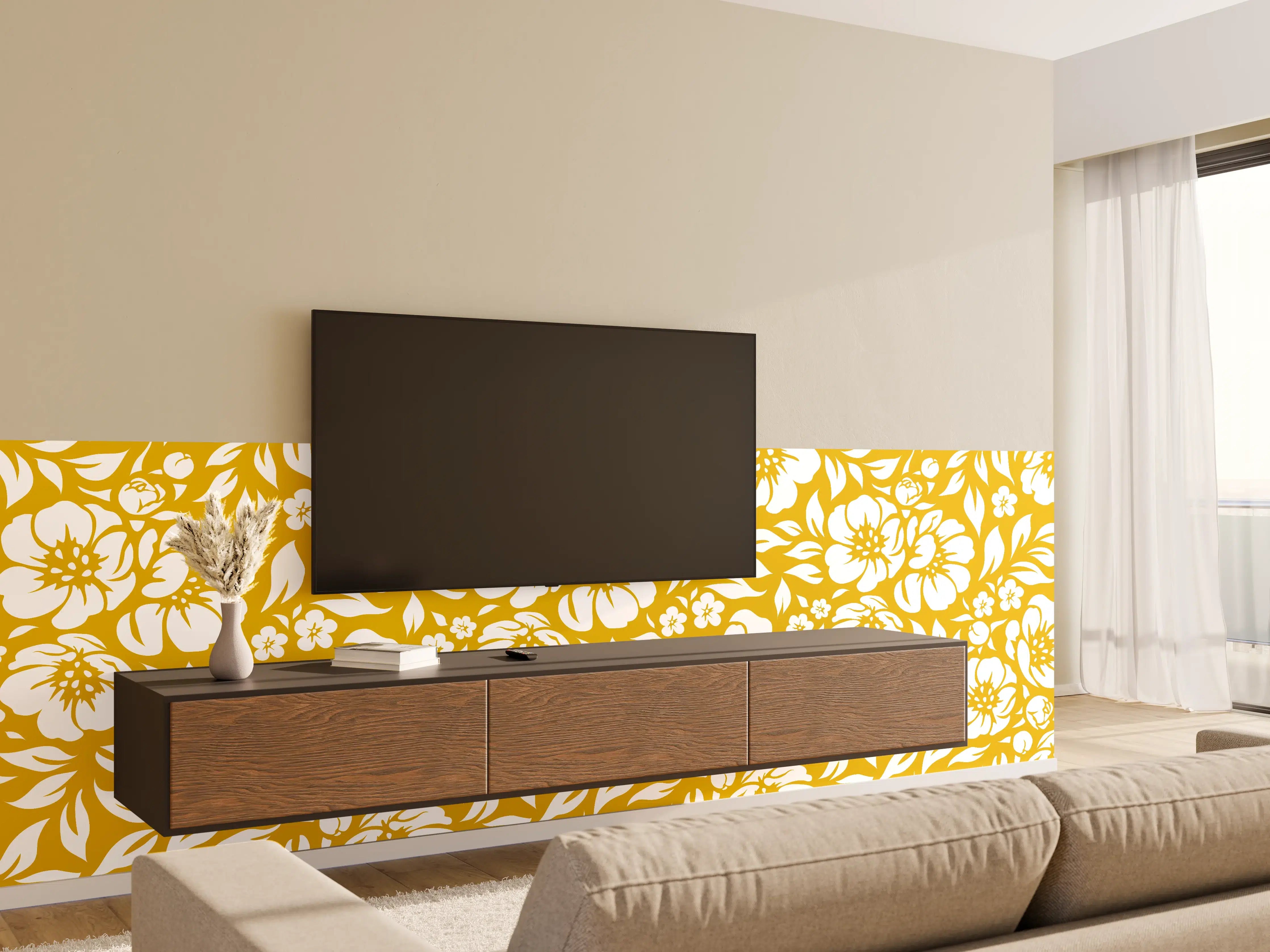 Wandverkleidung Wohnzimmer - Verführerisches Blumendesign in Gold und Weiß
