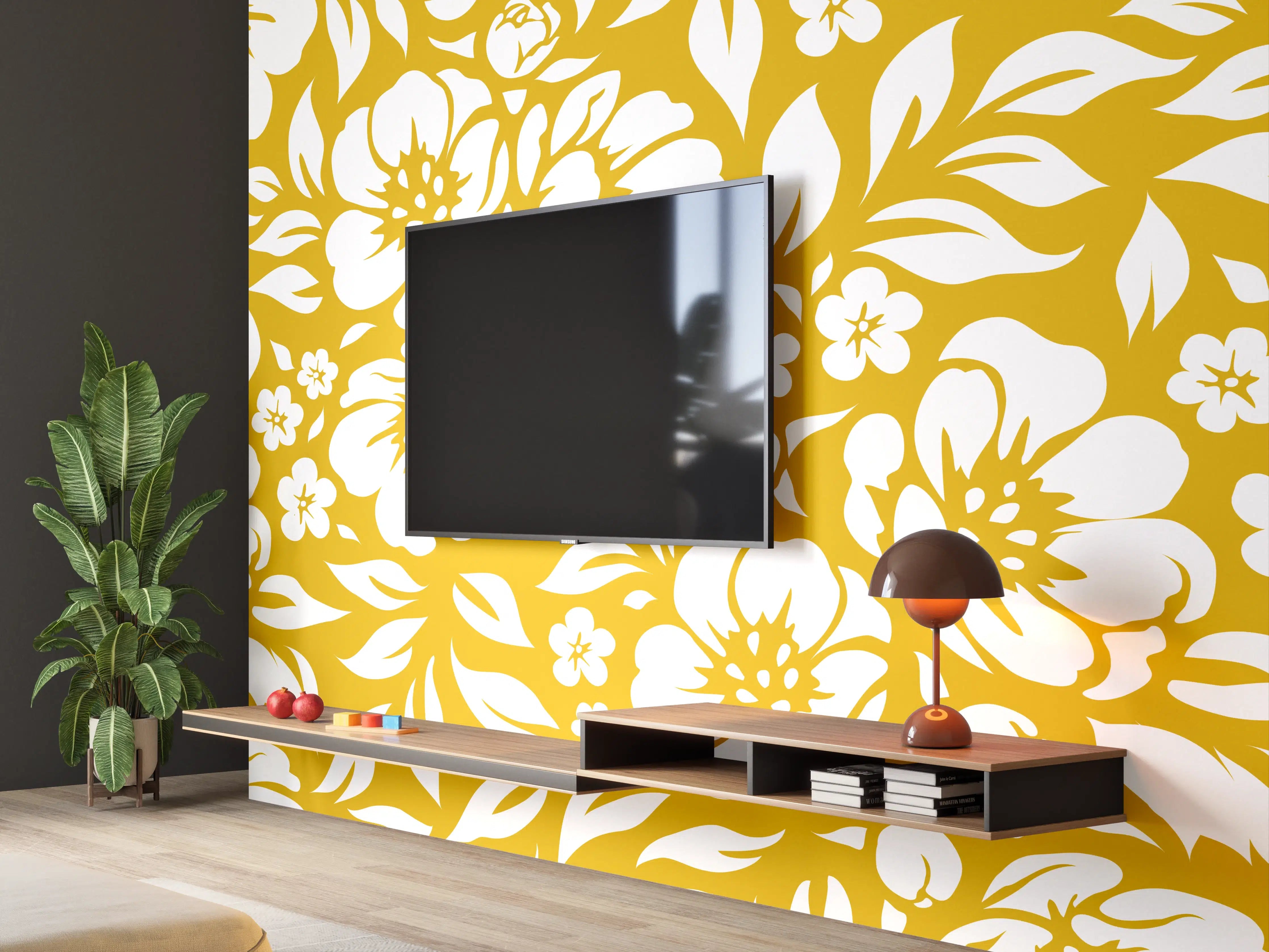 Wandverkleidung Wohnzimmer - Verführerisches Blumendesign in Gold und Weiß