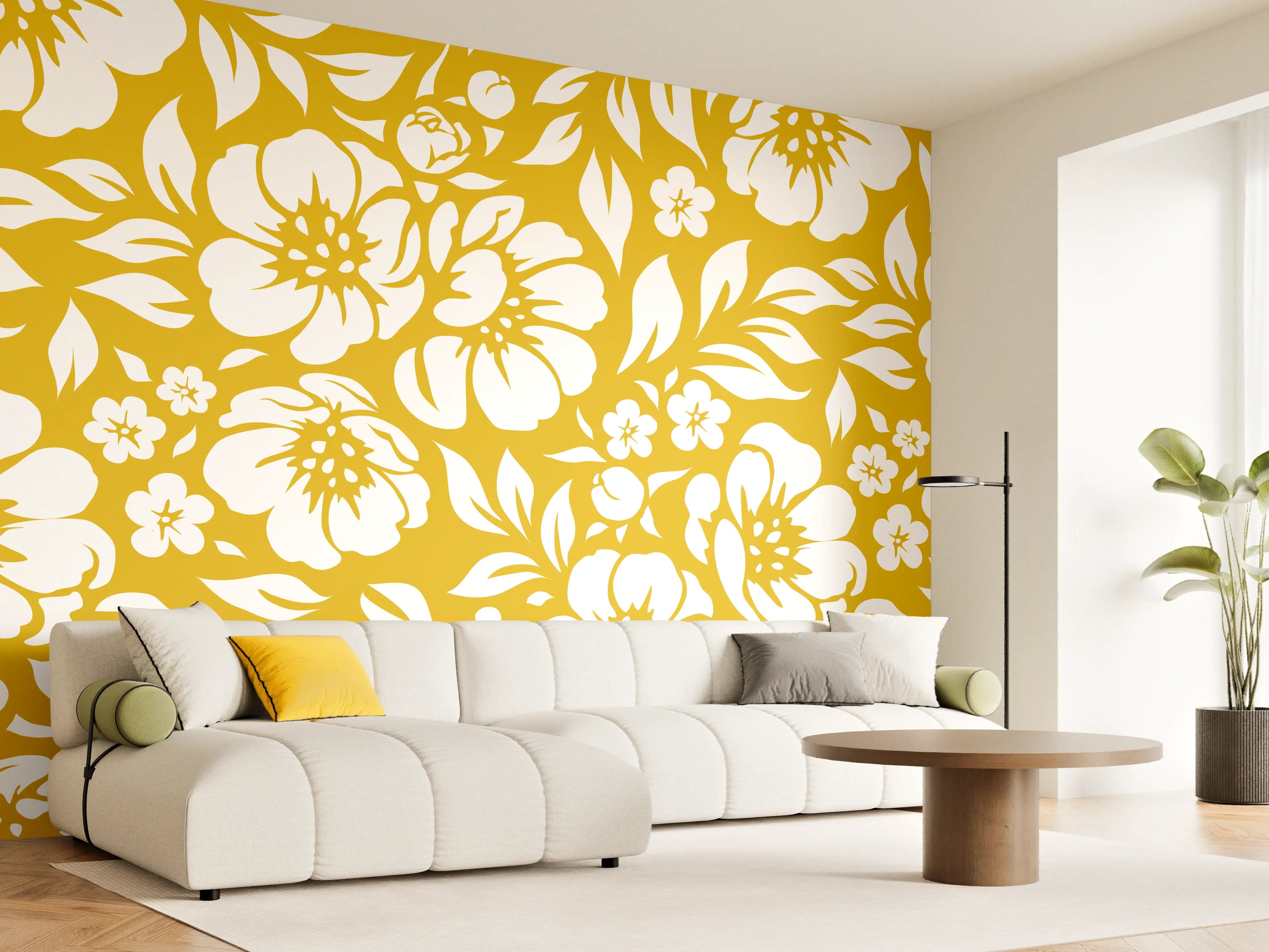 Wandverkleidung Wohnzimmer - Verführerisches Blumendesign in Gold und Weiß