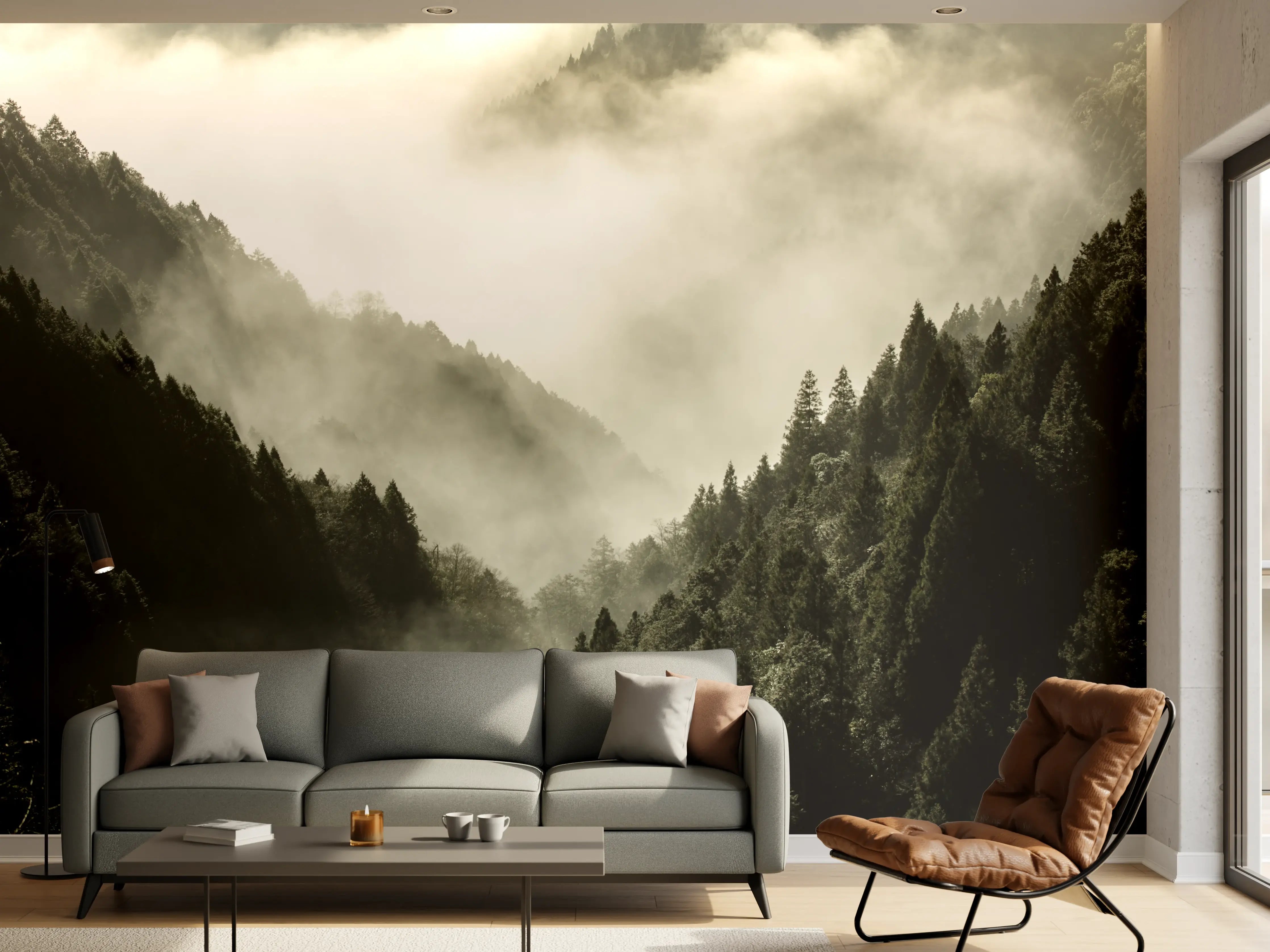 Wandverkleidung Wohnzimmer - Verhüllte Gipfel im silbernen Nebel
