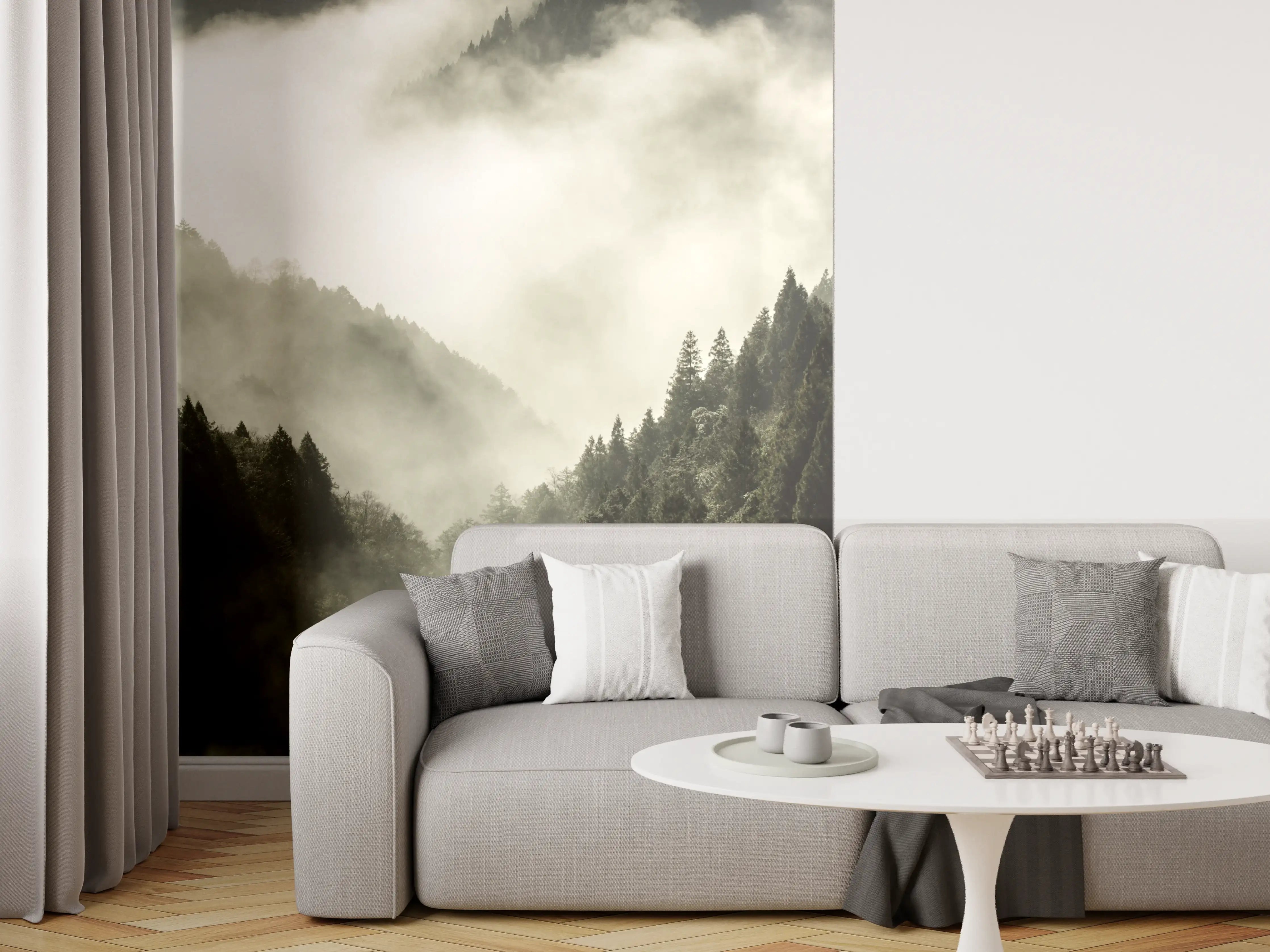 Wandverkleidung Wohnzimmer - Verhüllte Gipfel im silbernen Nebel