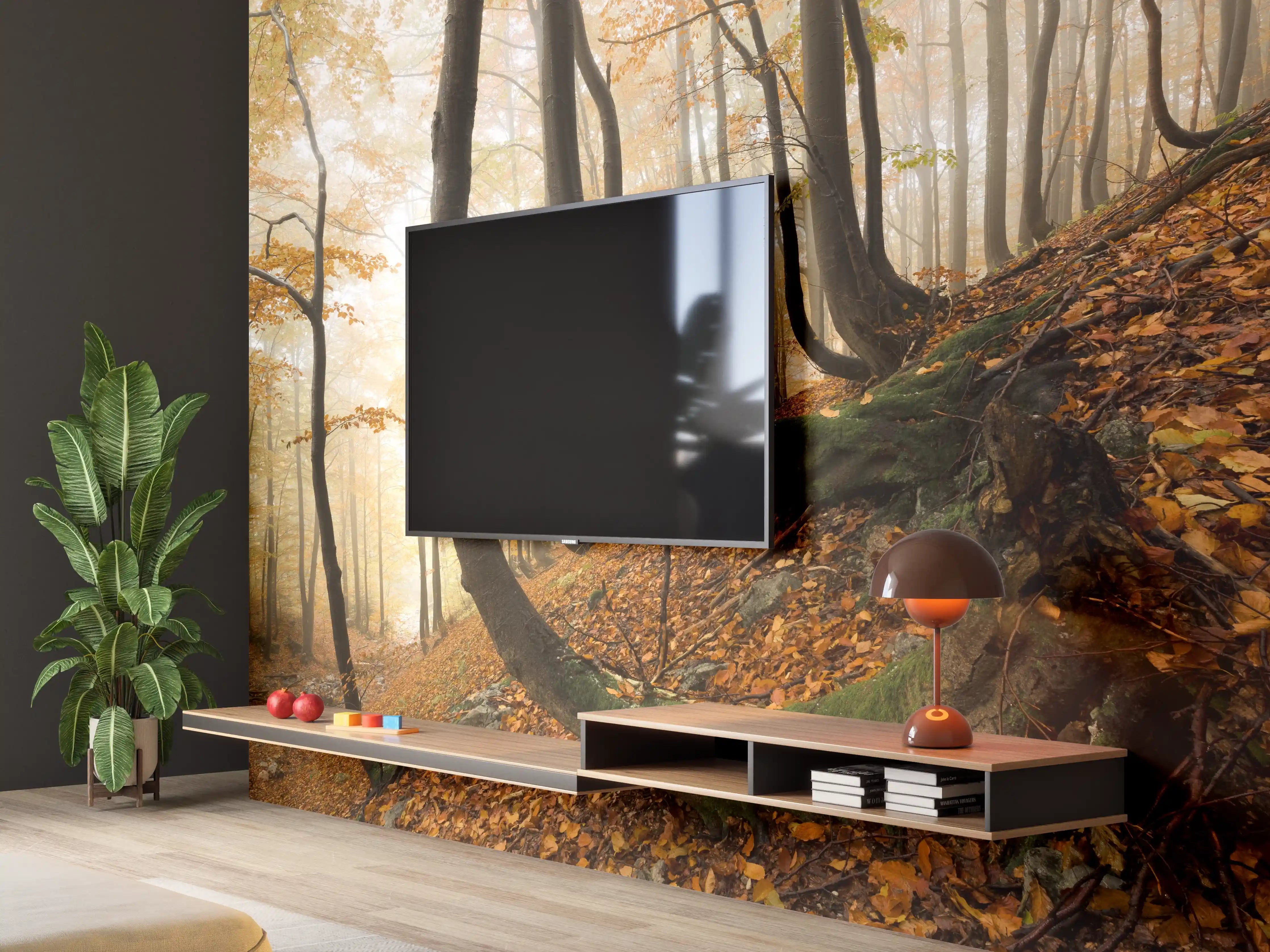 Wandverkleidung Wohnzimmer - Verhüllter Herbstwald in Grau und Weiß