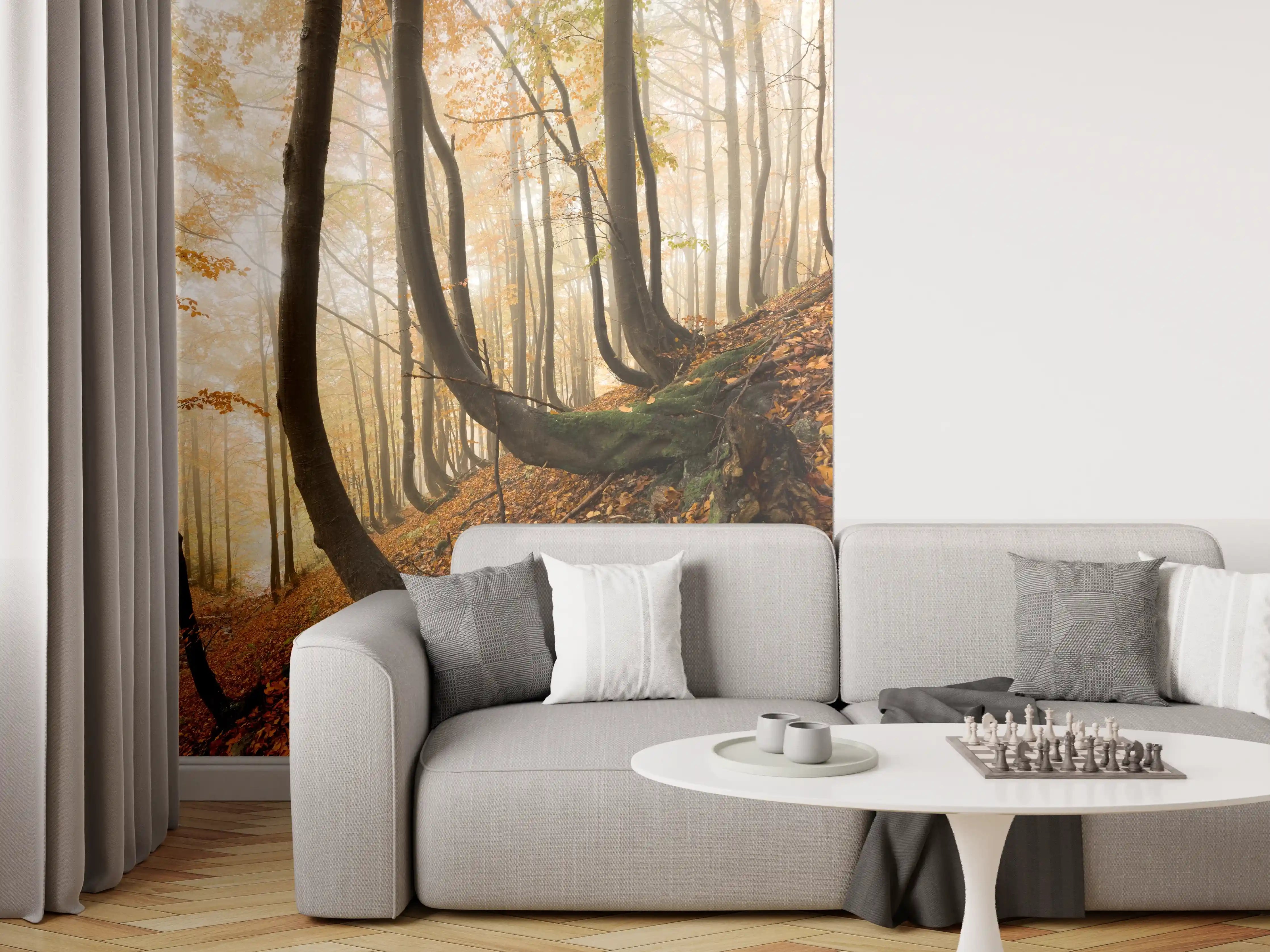 Wandverkleidung Wohnzimmer - Verhüllter Herbstwald in Grau und Weiß