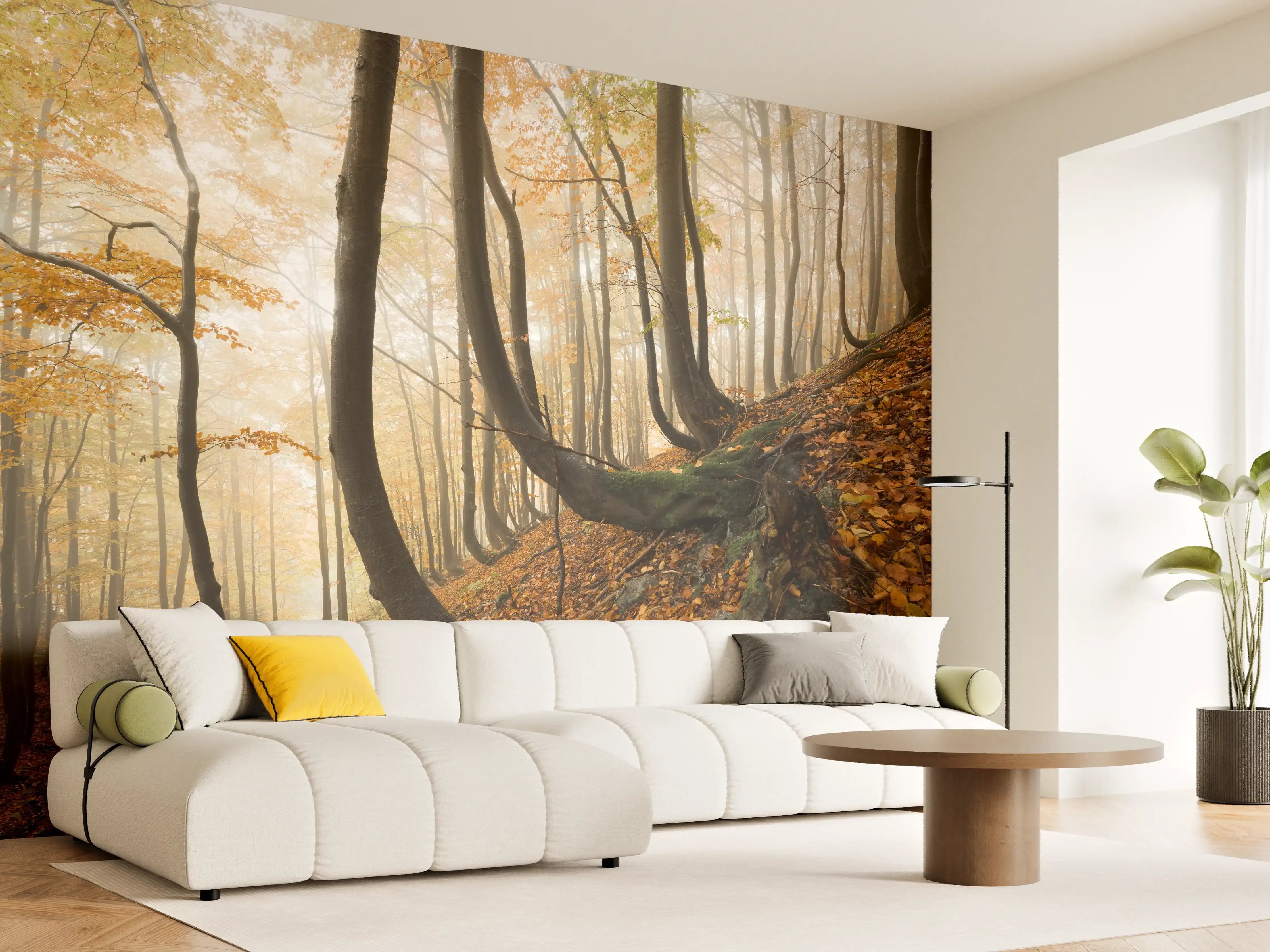 Wandverkleidung Wohnzimmer - Verhüllter Herbstwald in Grau und Weiß