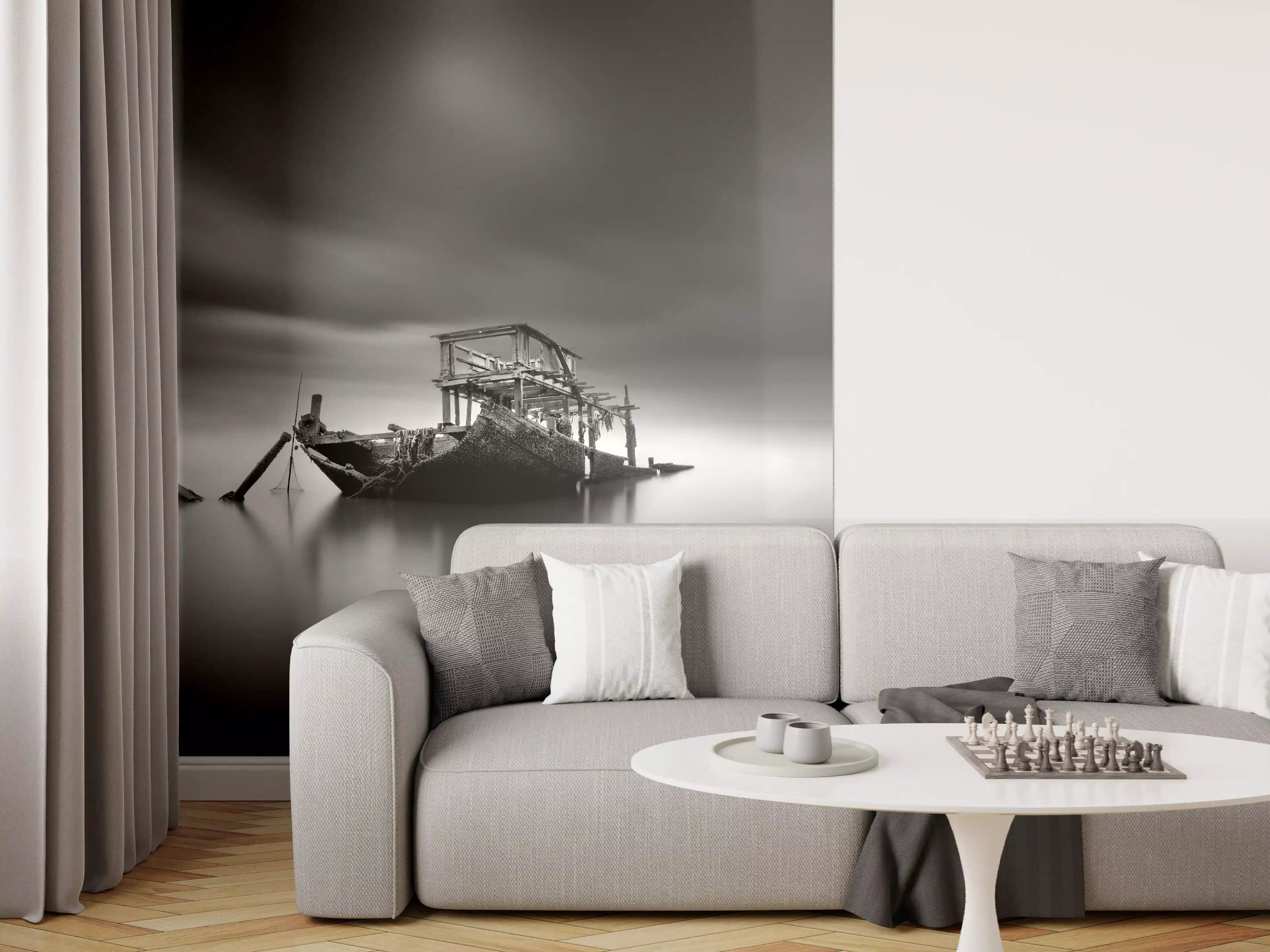 Wandverkleidung Wohnzimmer - Verlassene Schiffsruine in Schwarz-Weiß