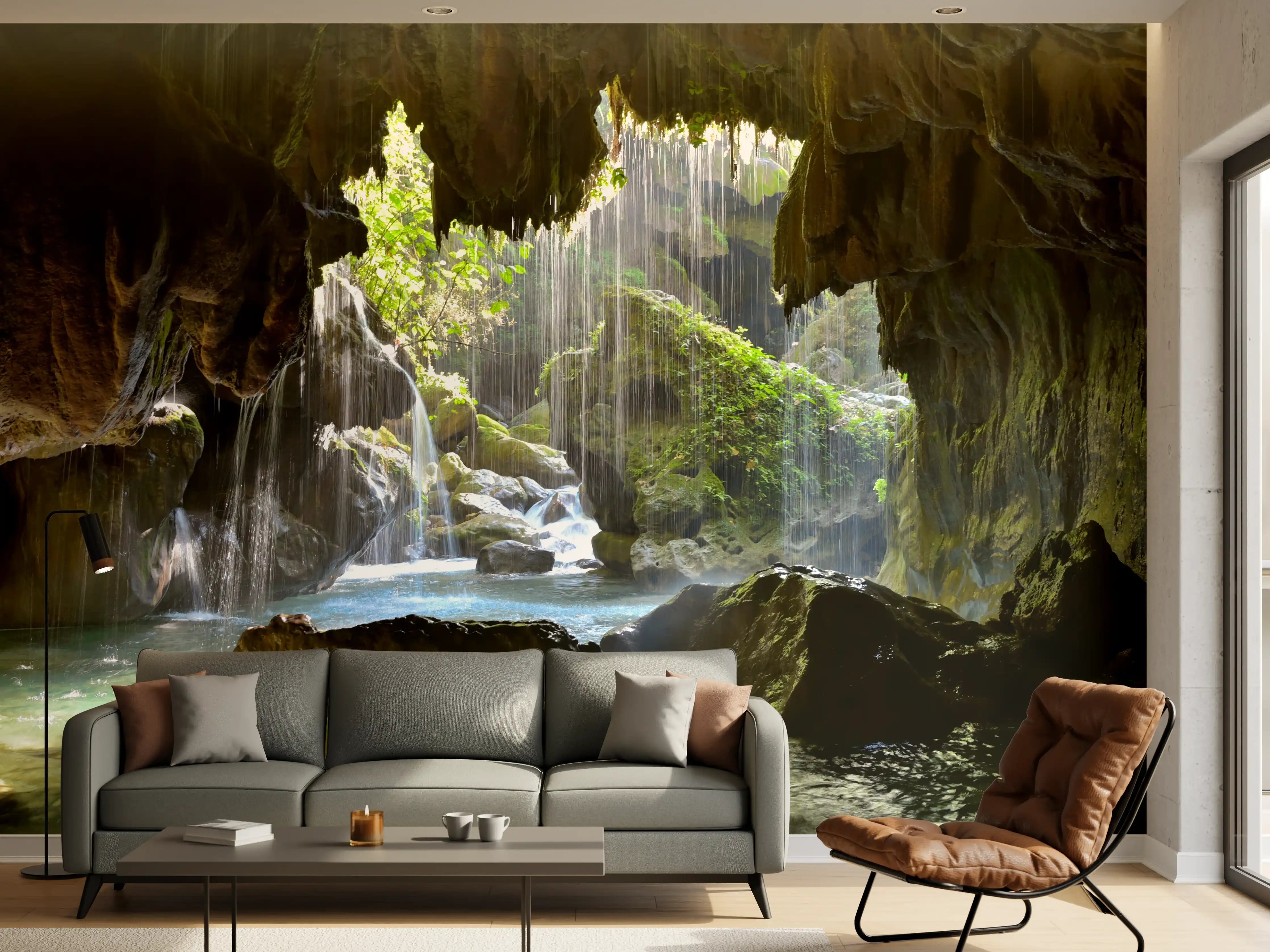 Wandverkleidung Wohnzimmer - Versteckte Tropfsteinhöhle mit Wasserfall